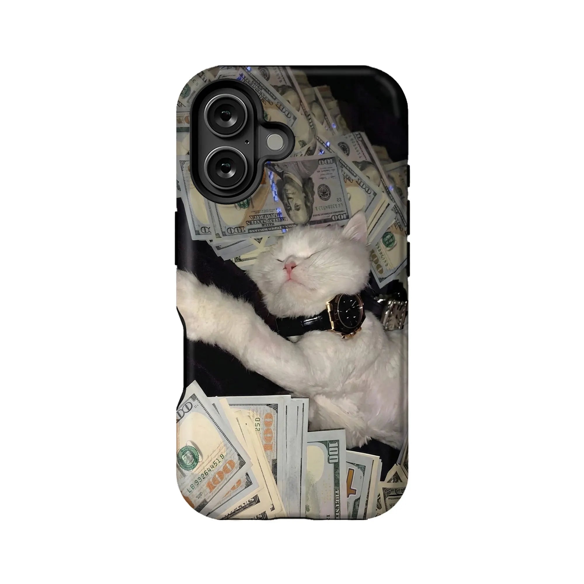 Black phone case rear view with white cat and dollar bill print