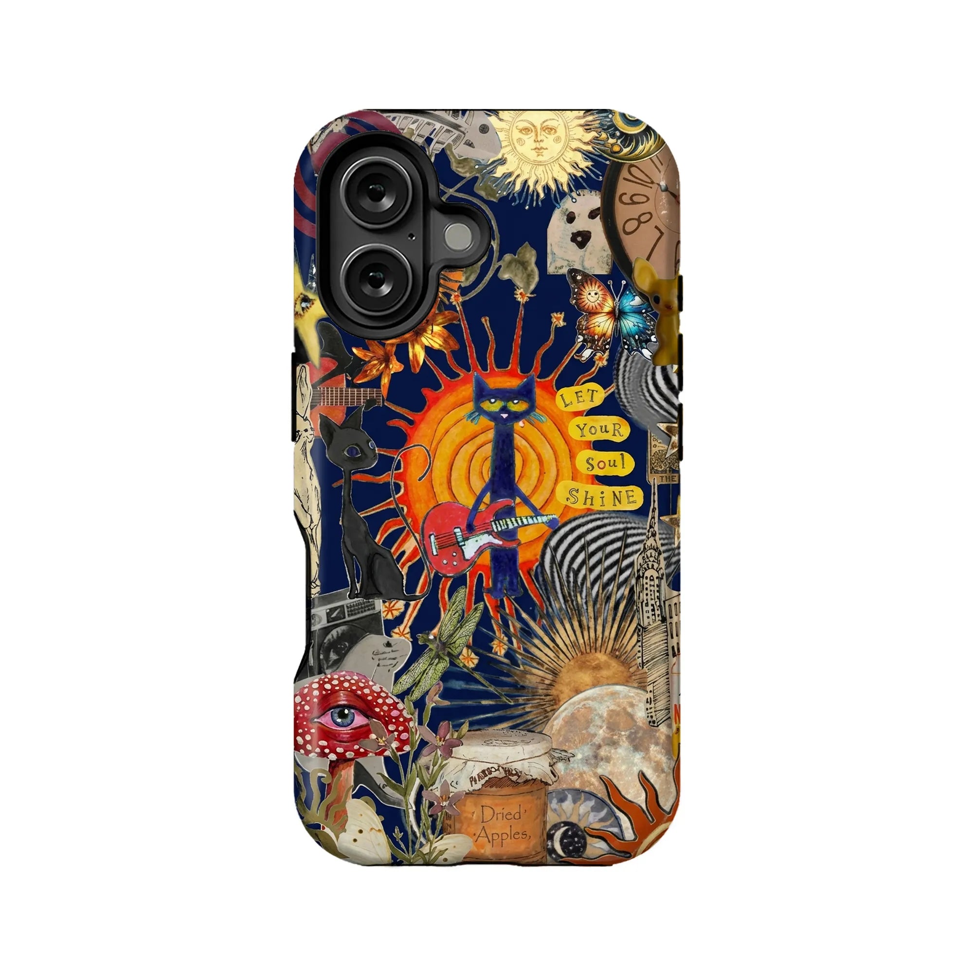 Colorful surreal collage phone case, rear view with cats, sun, butterflies, and guitars
