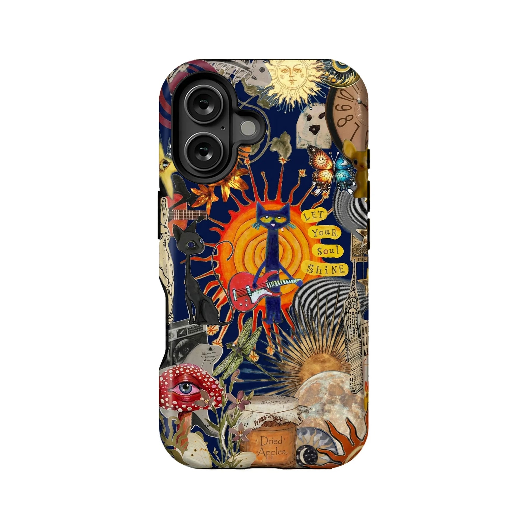 Colorful surreal collage phone case, rear view with cats, sun, butterflies, and guitars