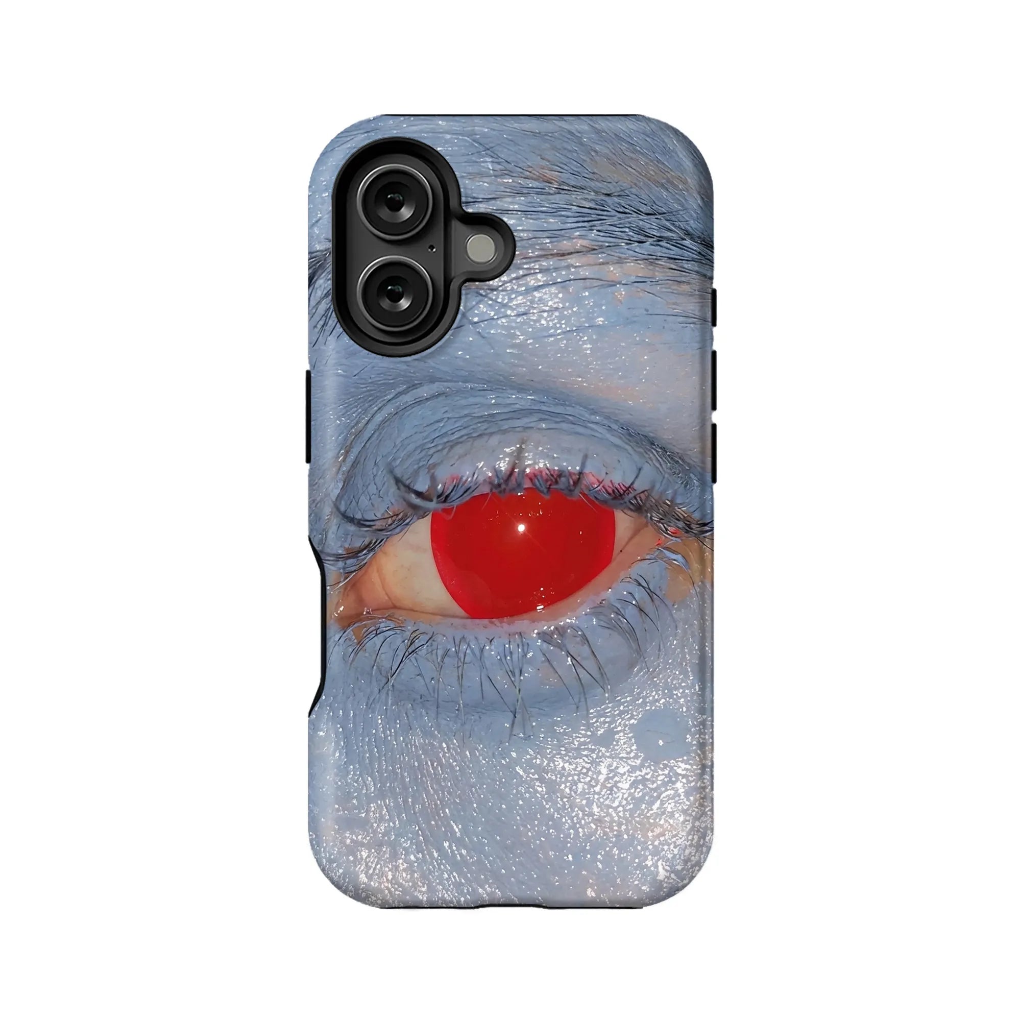 Blue eye print smartphone case with red iris, back view product shot