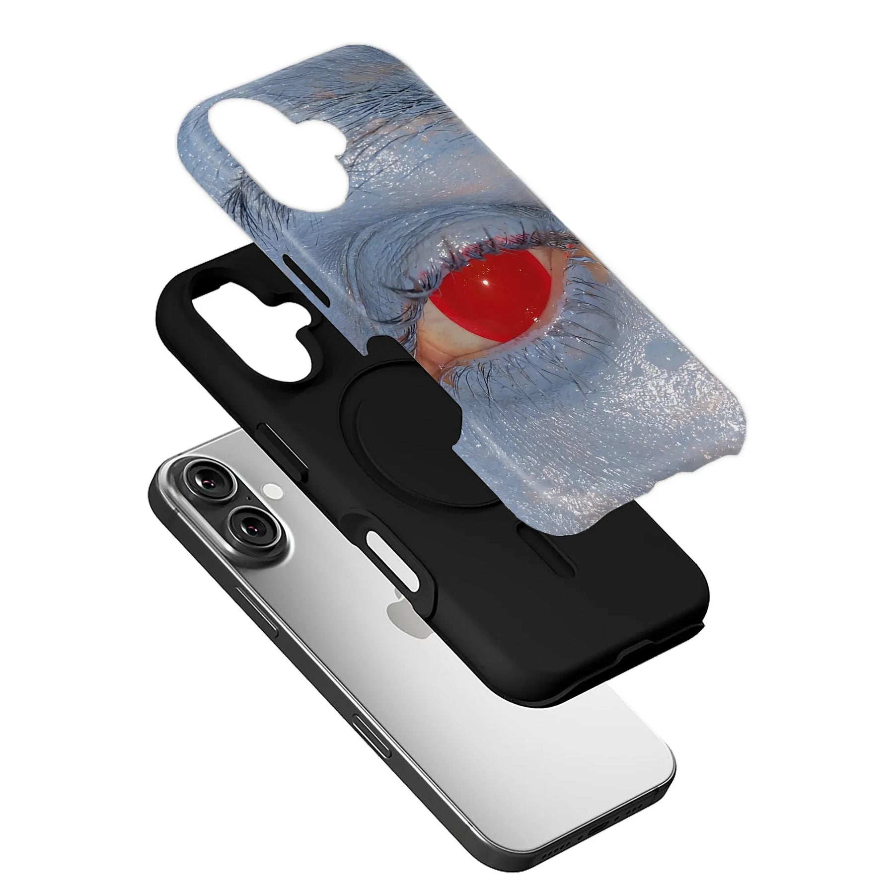 Glossy blue eye print phone case with black insert, angled exploded product display