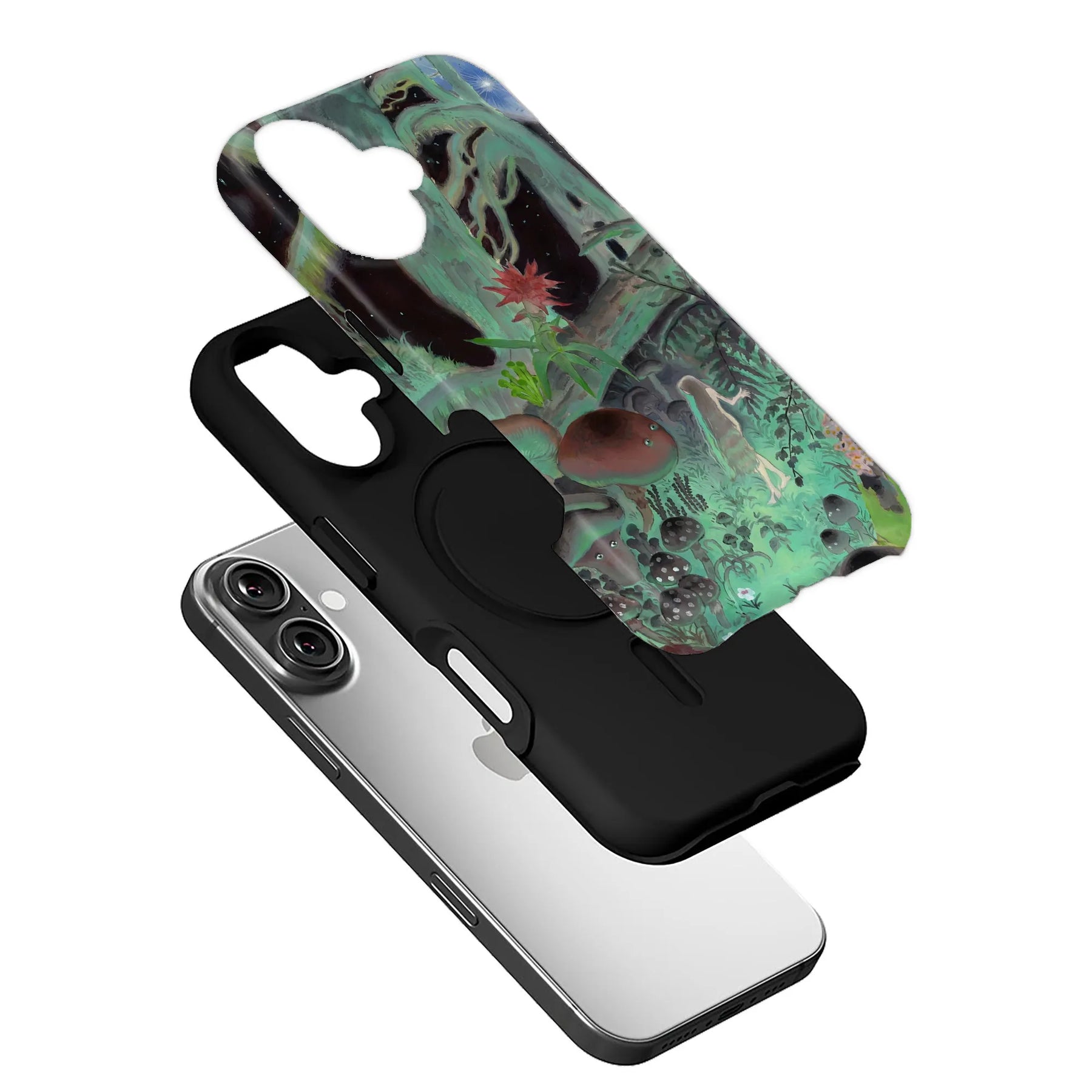 Teal mushroom forest illustrated phone case with black liner shown exploded angle