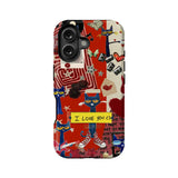 Red collage-style phone case with blue cats and hearts, shown from rear angle