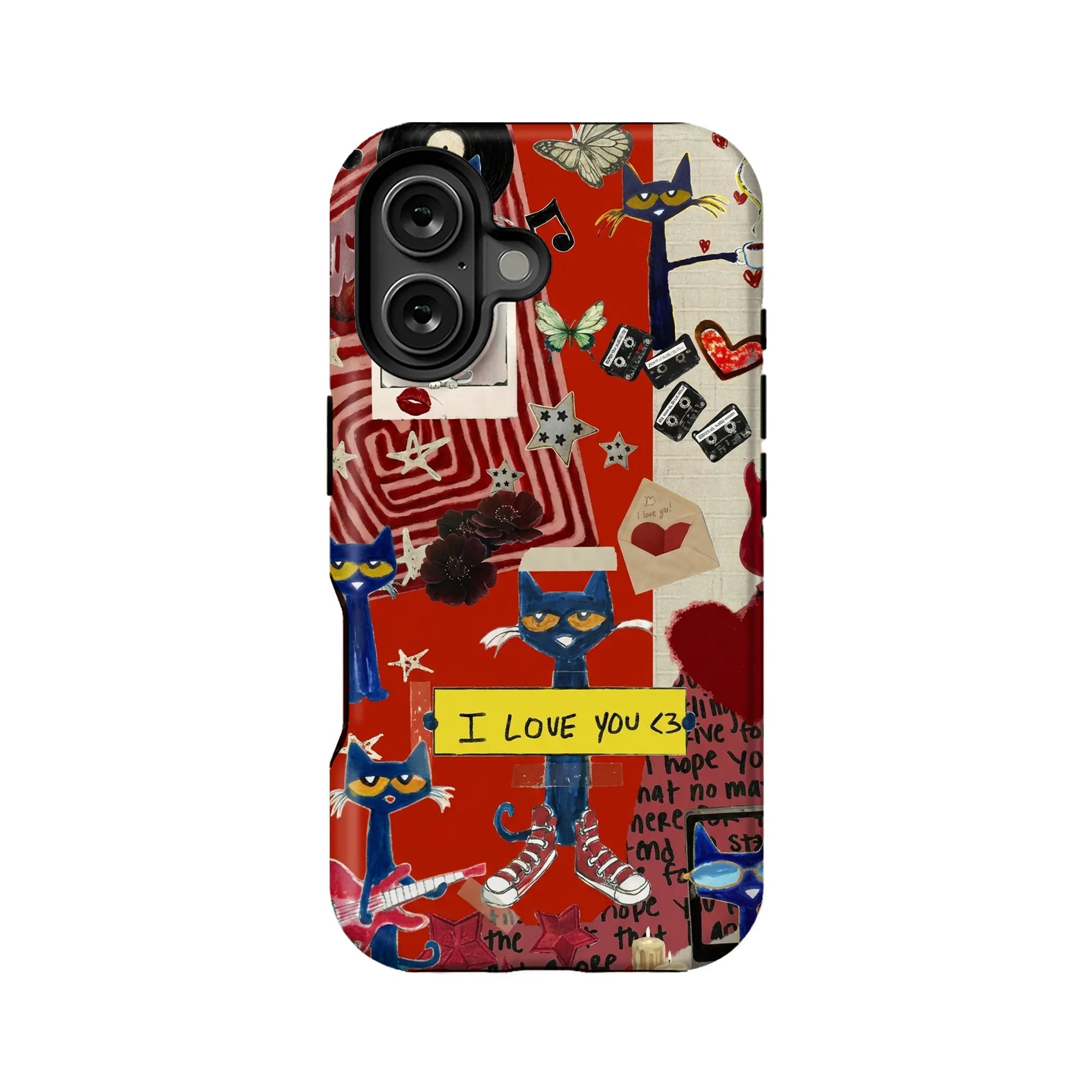 Red collage-style phone case with blue cats and hearts, shown from rear angle