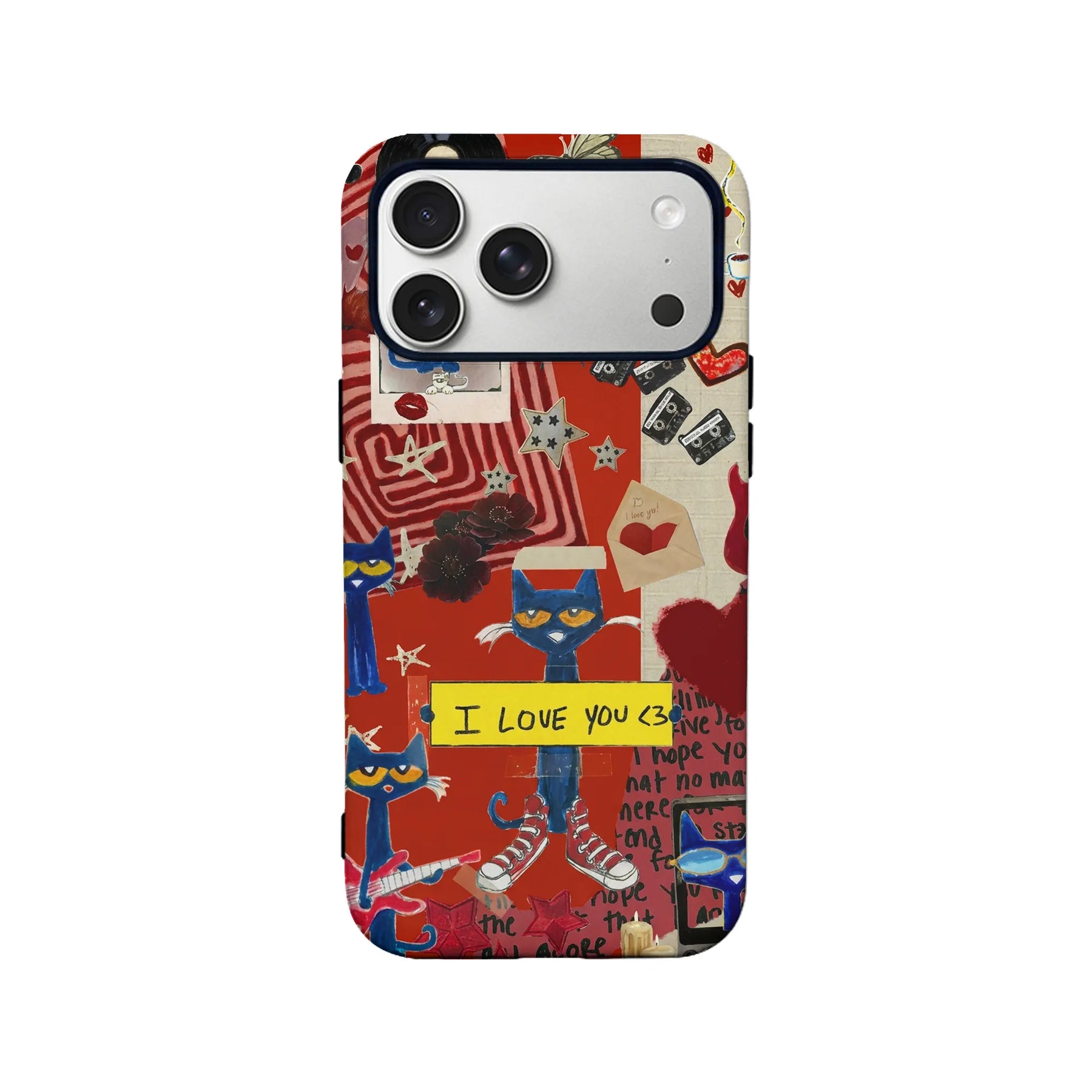 Red collage-style cat phone case shown from back with camera cutout