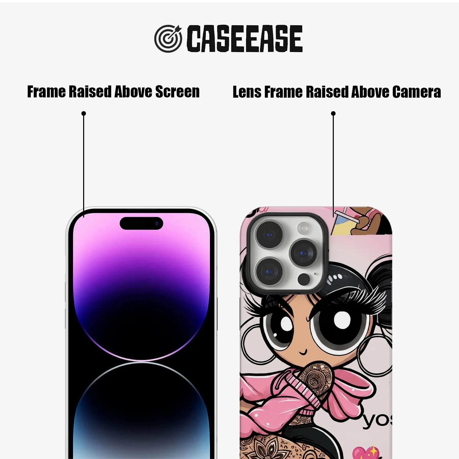 Pink cartoon iPhone case shown front and back with raised black screen and camera frames