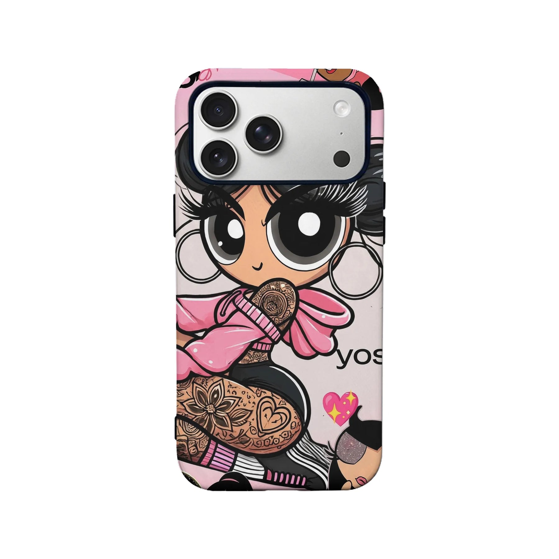 Pink cartoon girl phone case, rear angle with triple camera cutout