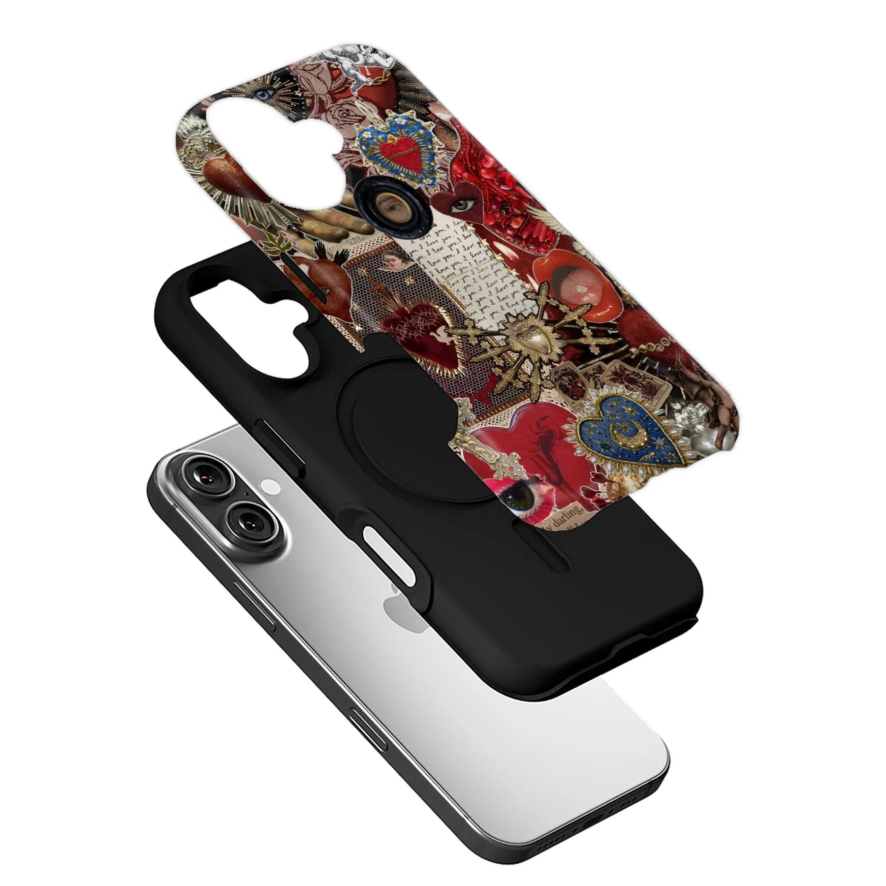 Funda de teléfono vintage con collage y diseños de corazones