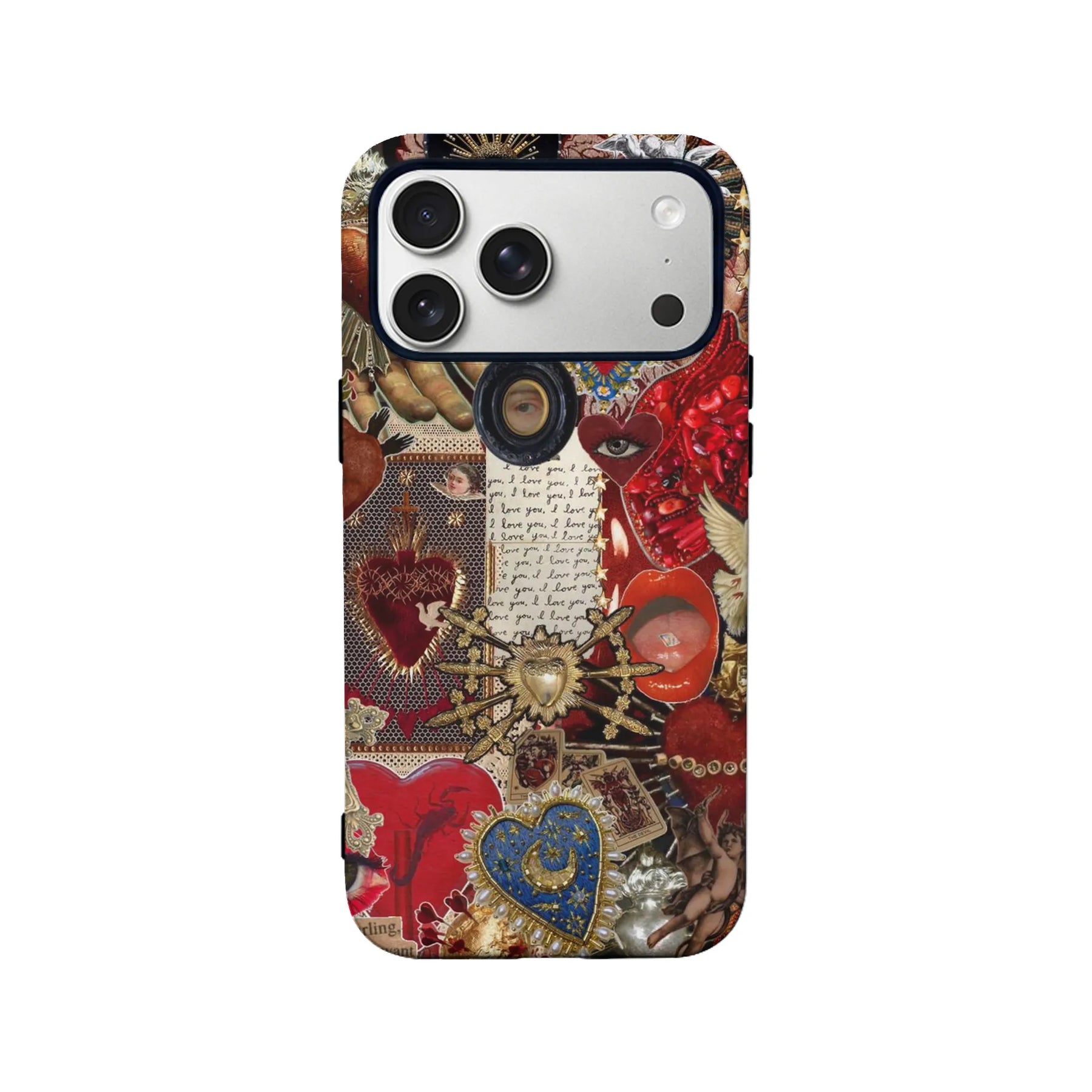 Funda de teléfono vintage con collage y diseños de corazones