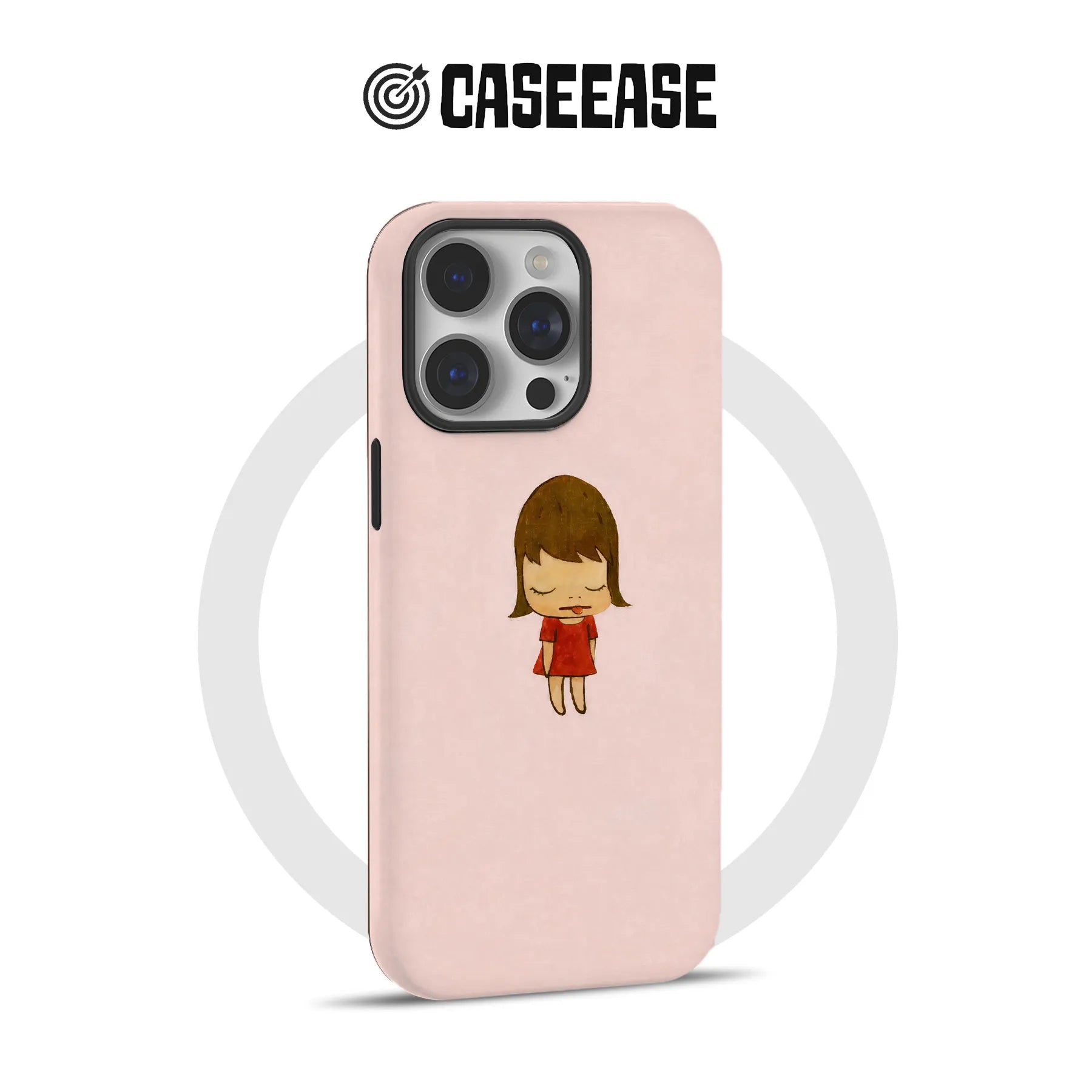 Pink CASEEASE phone case with cartoon girl design, rear angled product view