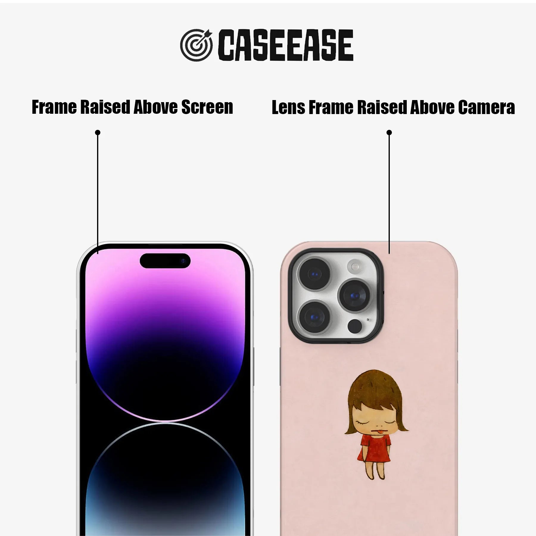 Pink cartoon phone case front and back showing raised screen and camera frames