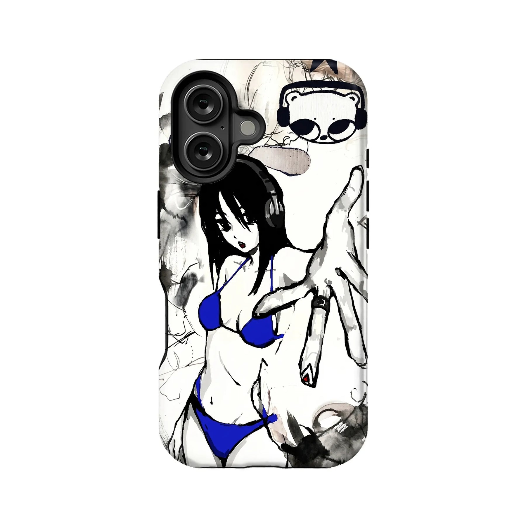 White phone case back with black anime sketch, blue accents, and camera cutout