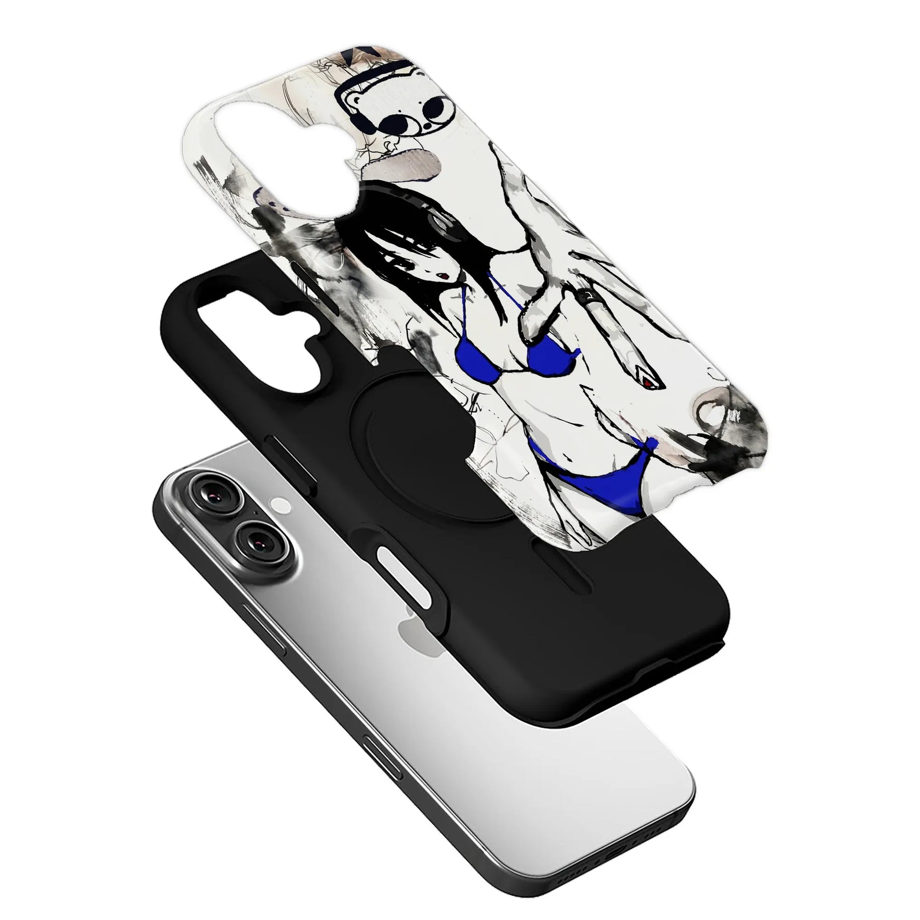 Black phone case with white blue fashion illustration, angled exploded product view