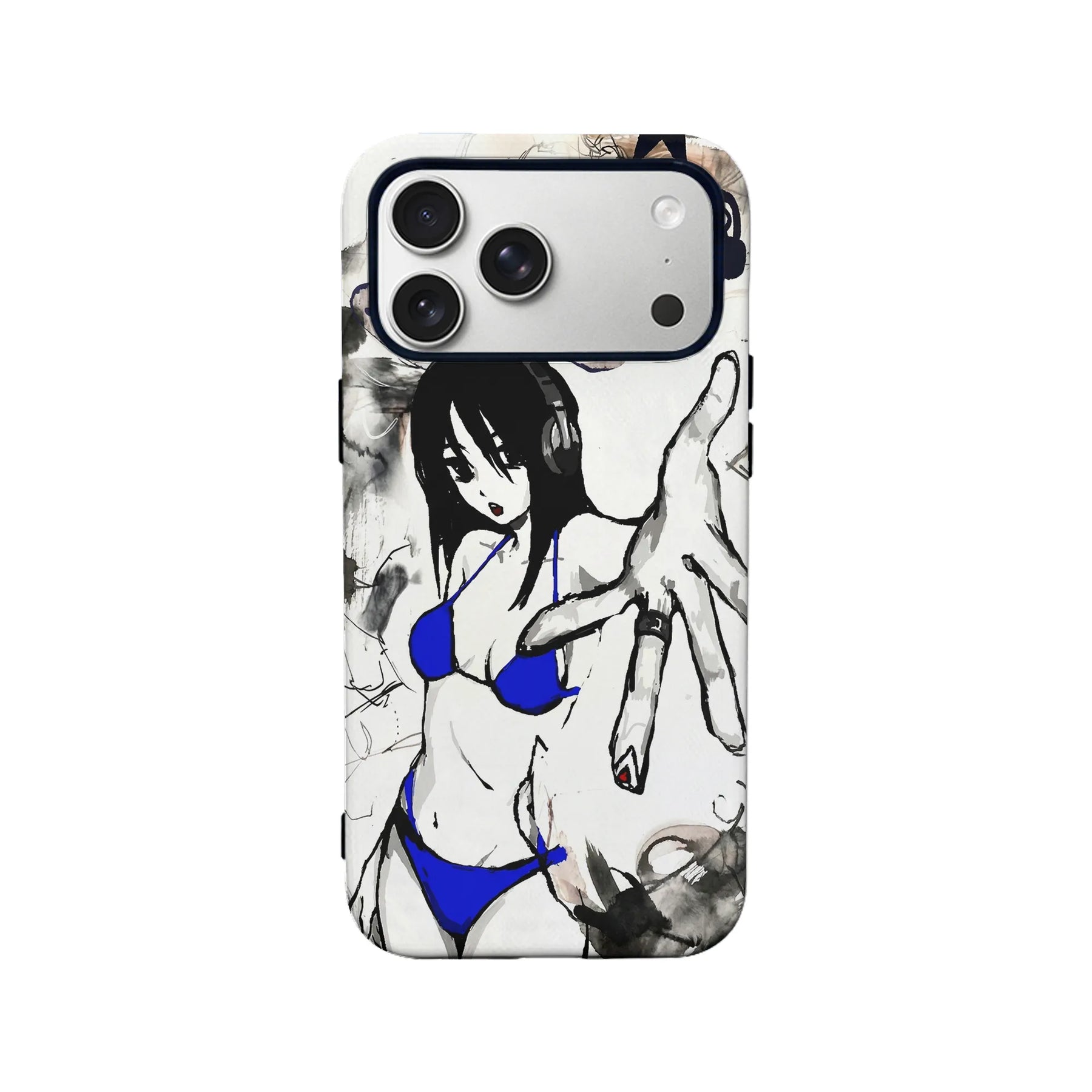 White smartphone case with black anime woman artwork, blue accents, rear product angle