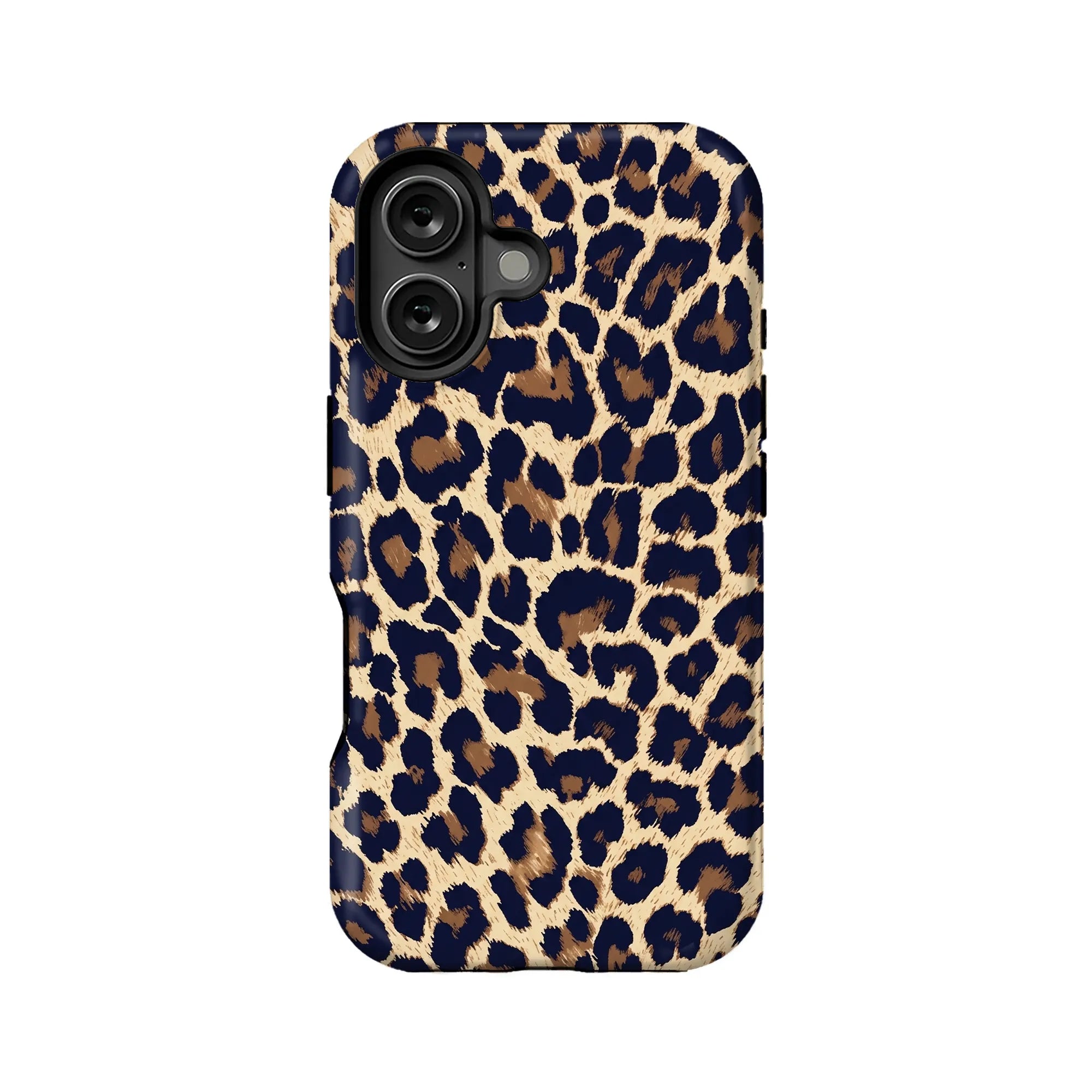 Navy, tan, and brown leopard print phone case, back angle with dual camera cutout