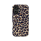 Navy, tan, and brown leopard print phone case, back angle with dual camera cutout