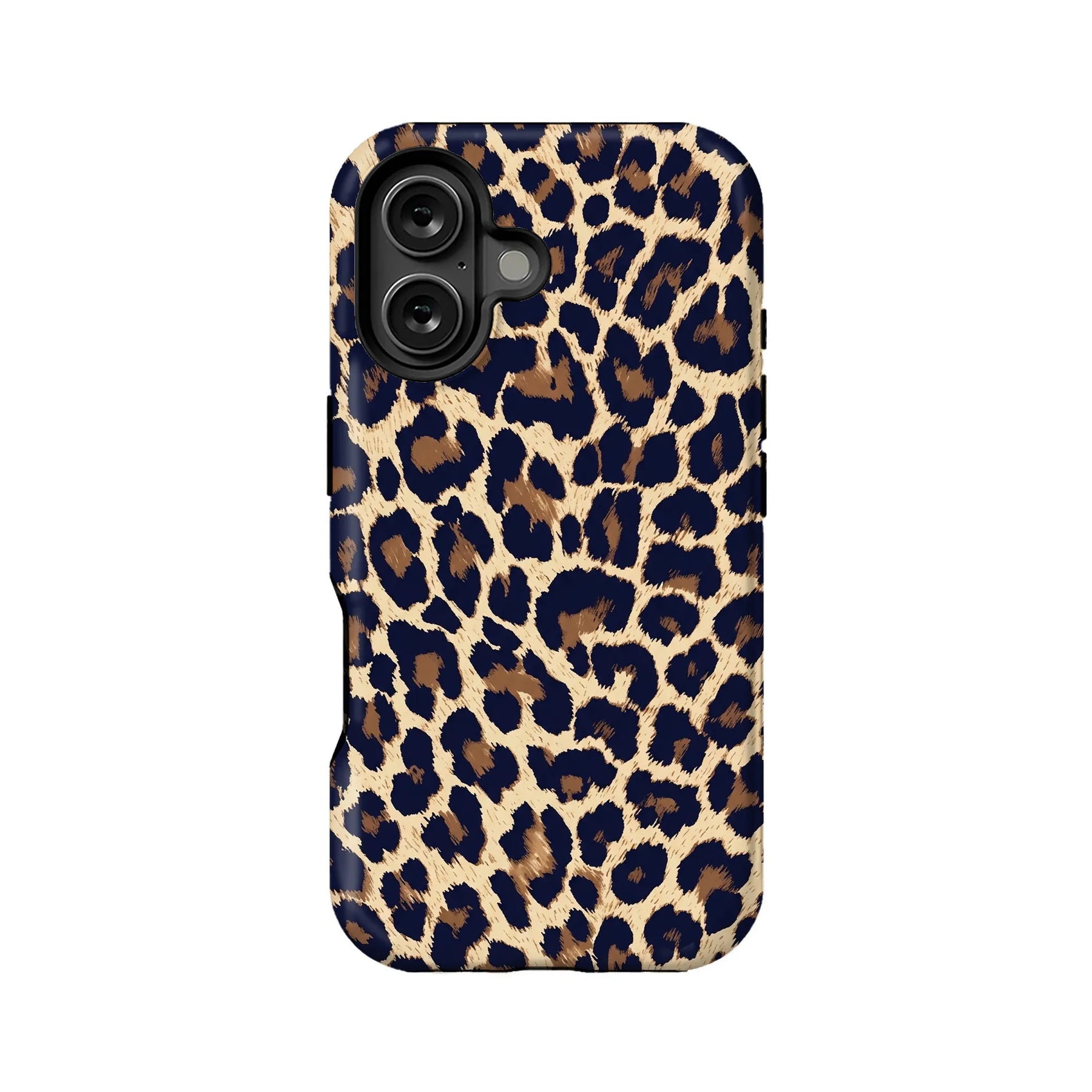 Navy, tan, and brown leopard print phone case, back angle with dual camera cutout