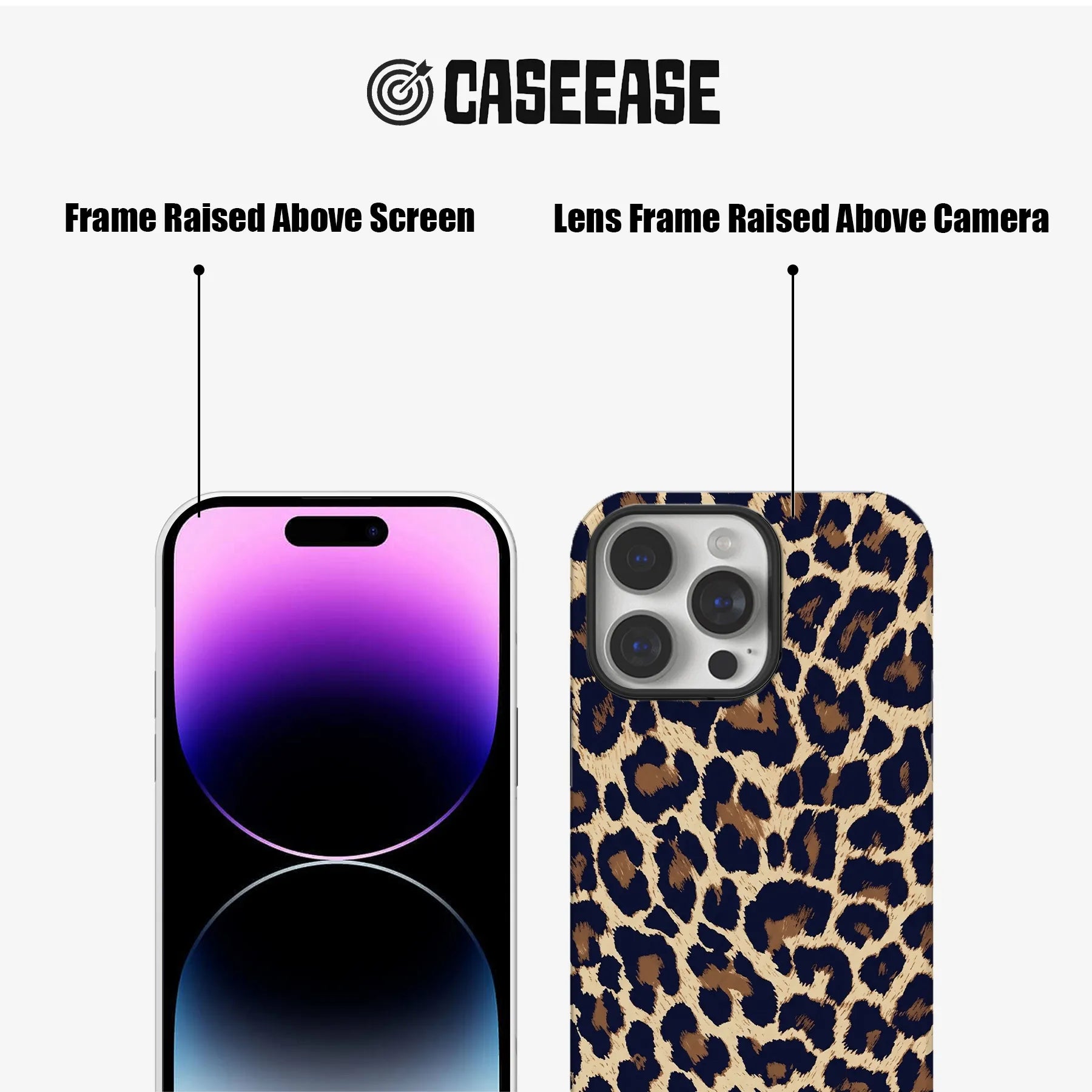 Leopard print phone case front and back close-up showing raised screen and camera frames