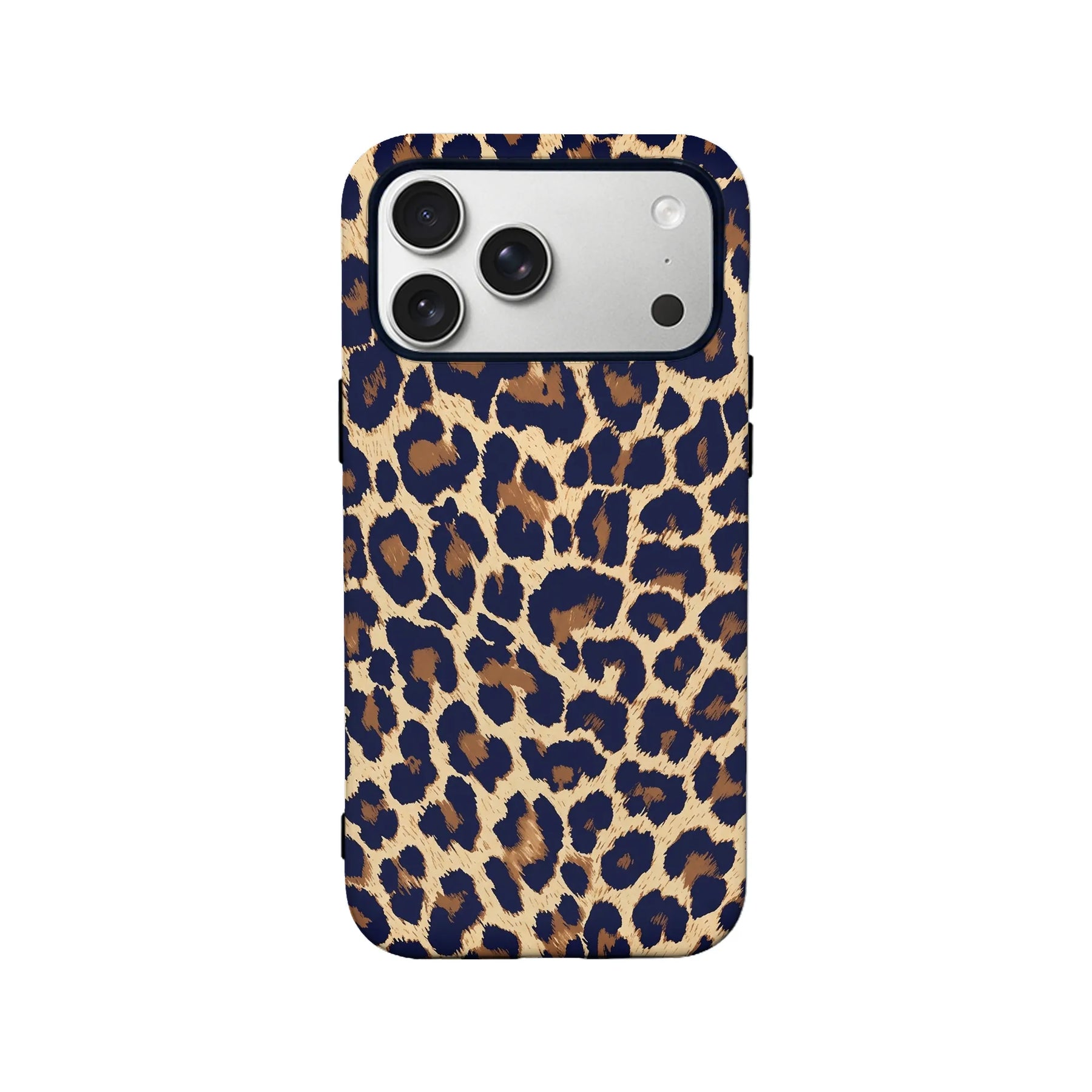 Navy and tan leopard print phone case shown from back for iPhone product page