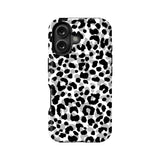Back view of black, gray, and white leopard print plastic phone case