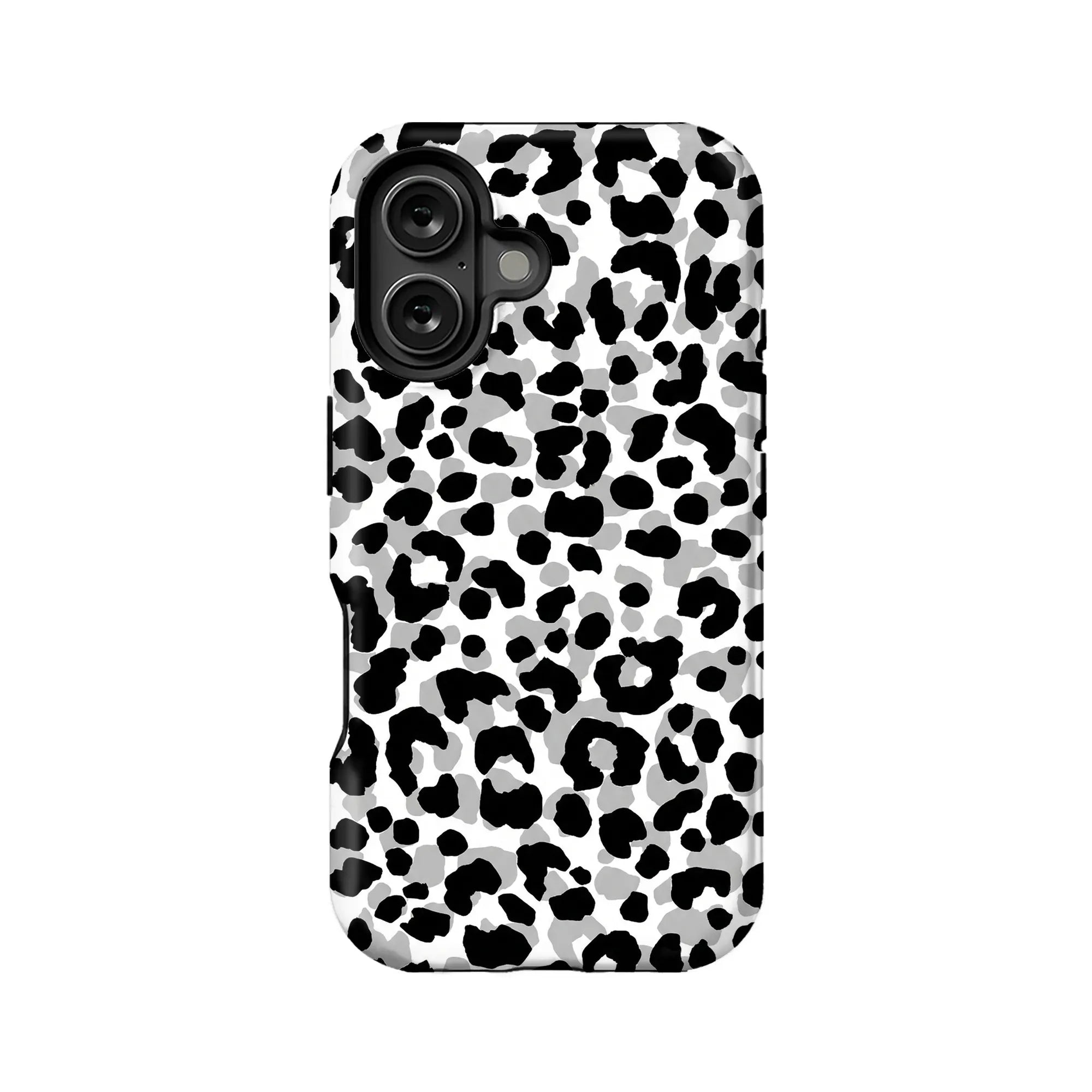 Back view of black, gray, and white leopard print plastic phone case