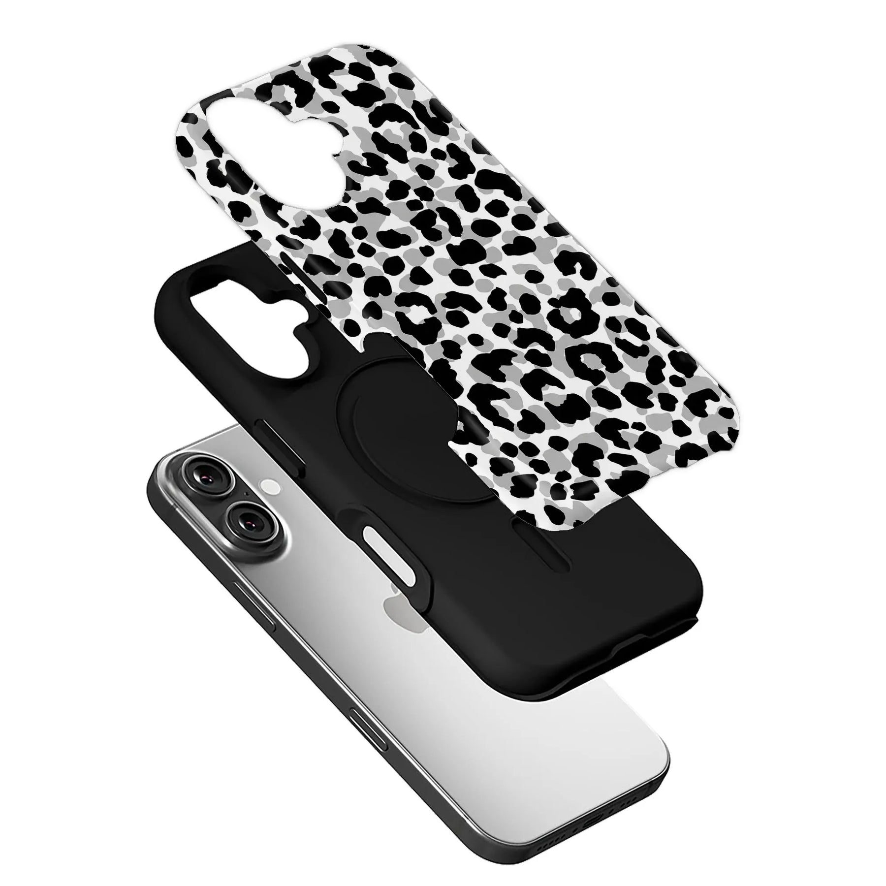 Black and white leopard print phone case angled above smartphone back