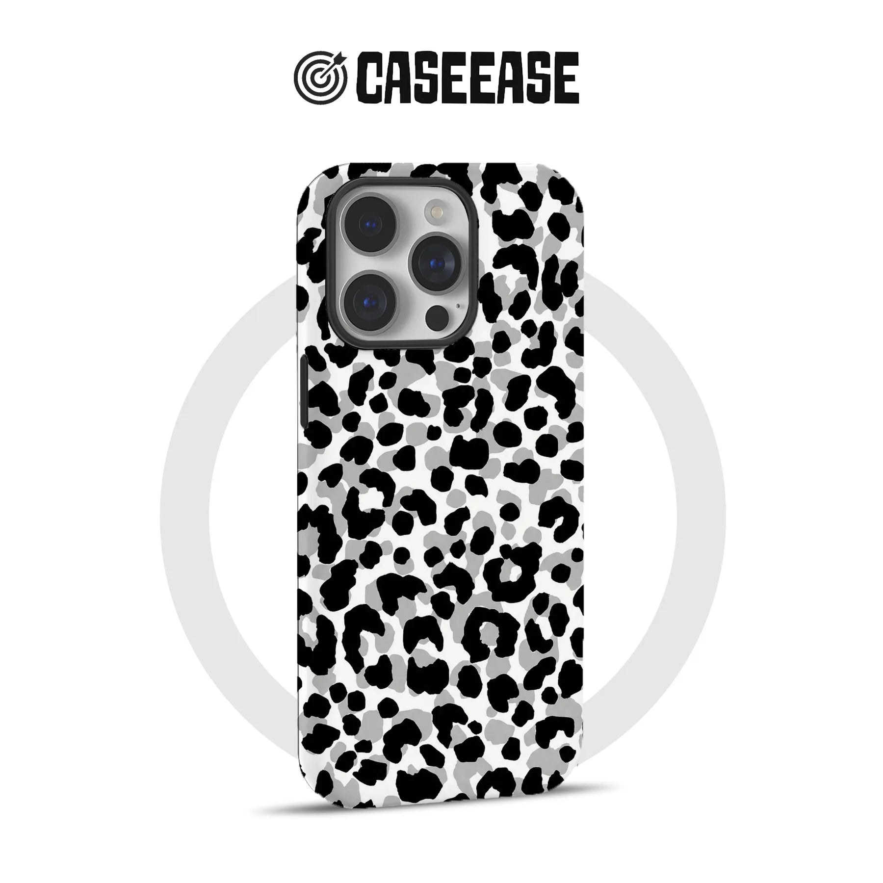 Black and gray leopard print plastic phone case rear view on CASEEASE product page