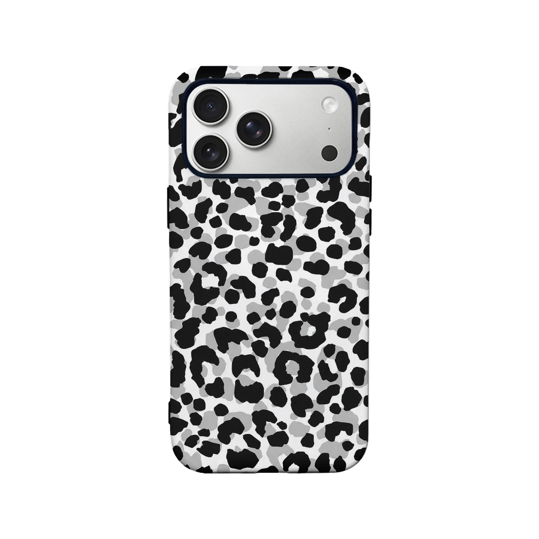 Black gray white leopard print plastic phone case, rear view with camera cutout