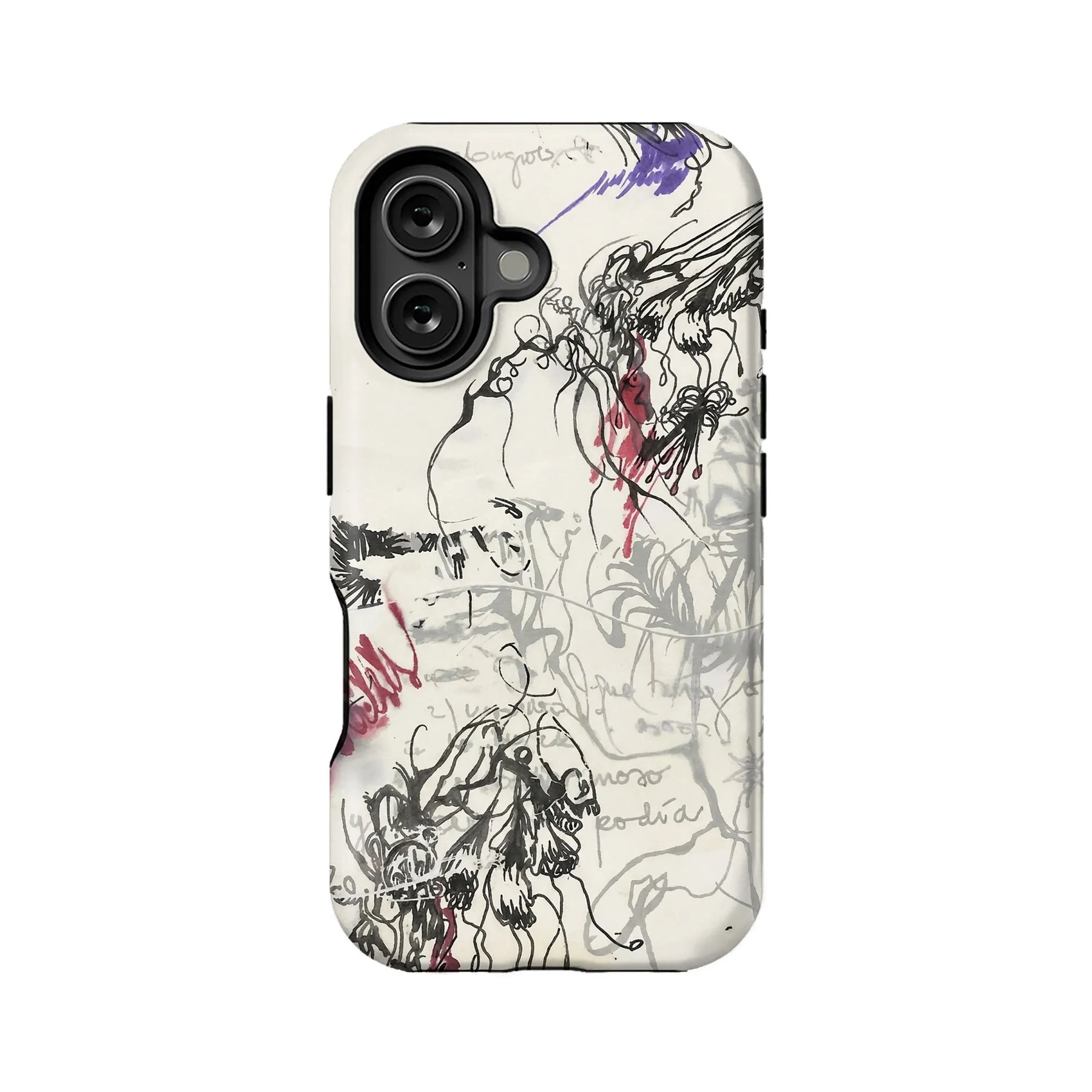 Cream plastic phone case with abstract black and red sketch print, rear product view