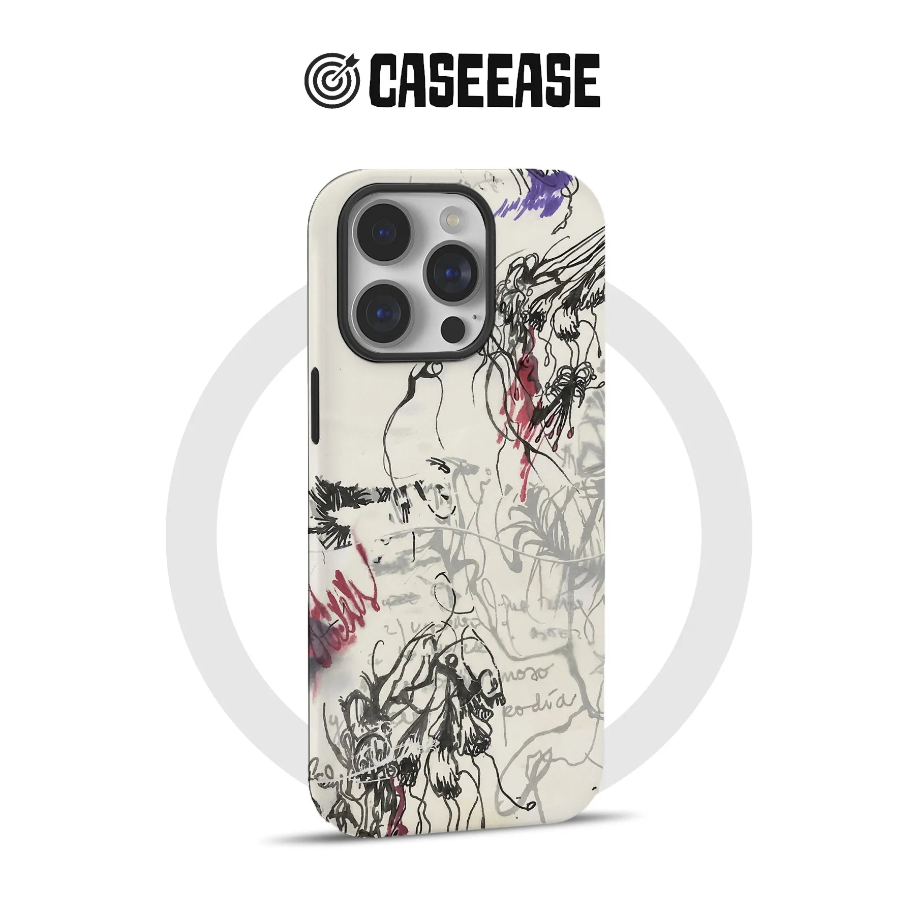 Cream phone case with black gray red abstract doodles, rear product angle