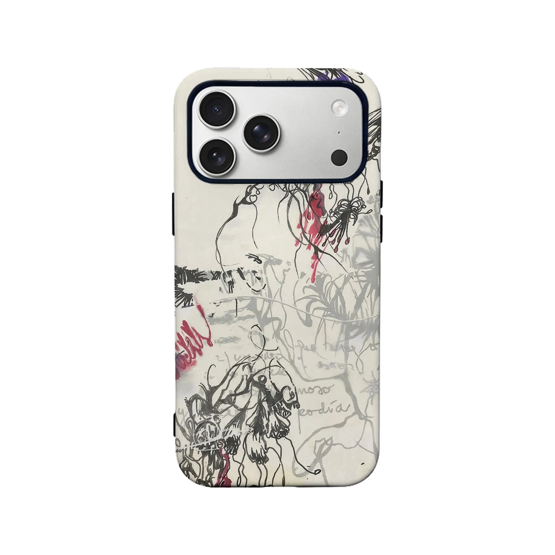 Cream abstract doodle phone case rear view with black gray red artwork