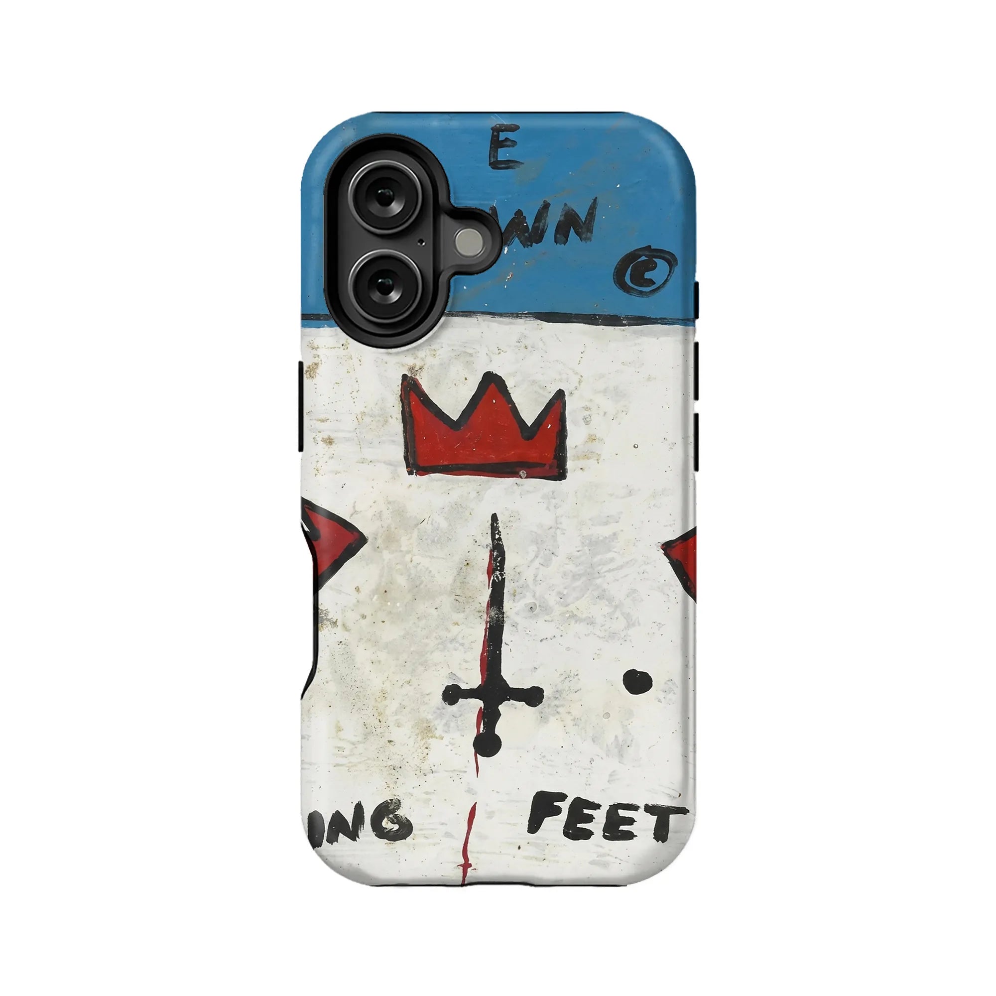 Blue and white phone case with red crown graffiti, rear product view