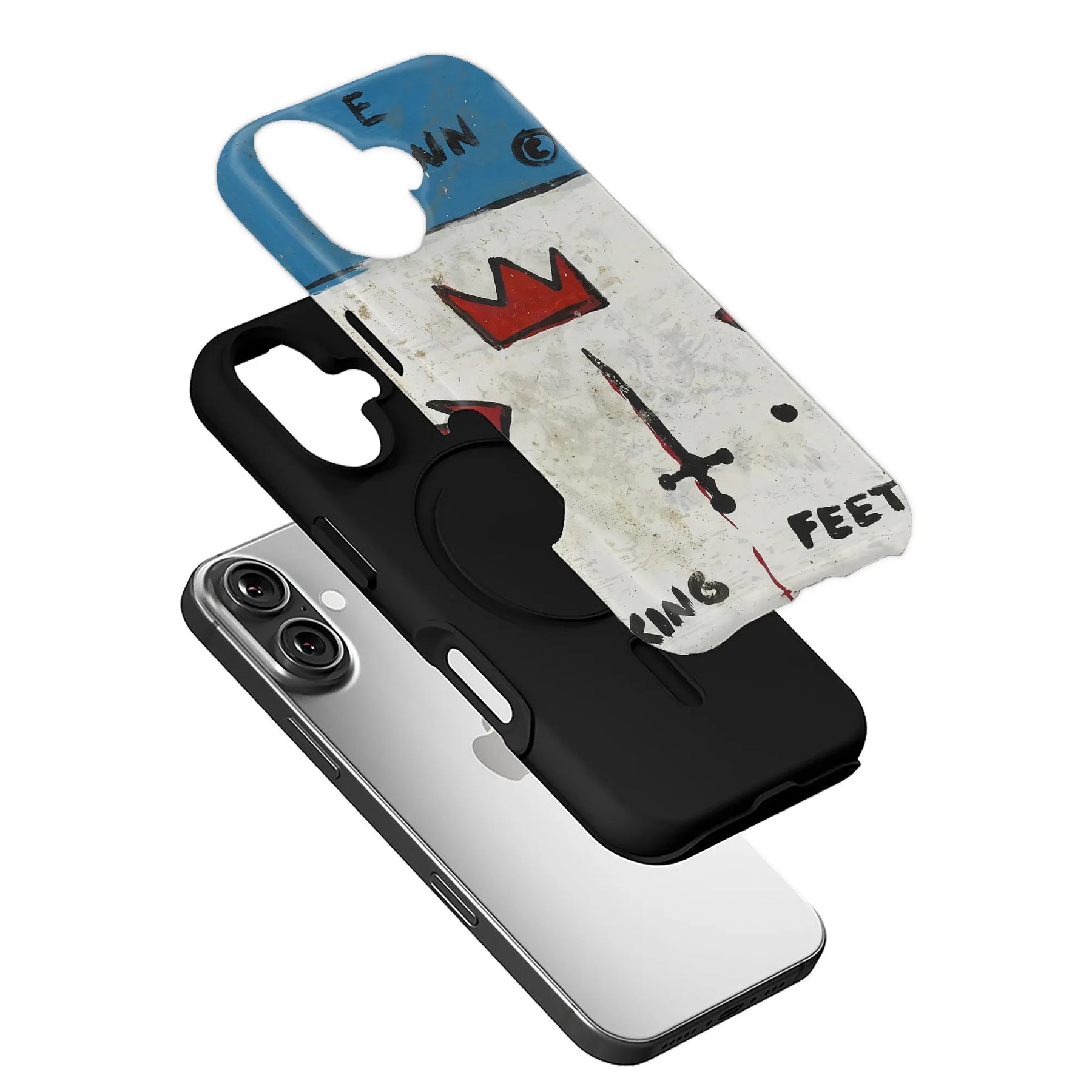 Black smartphone case with distressed blue white crown design, angled over silver phone