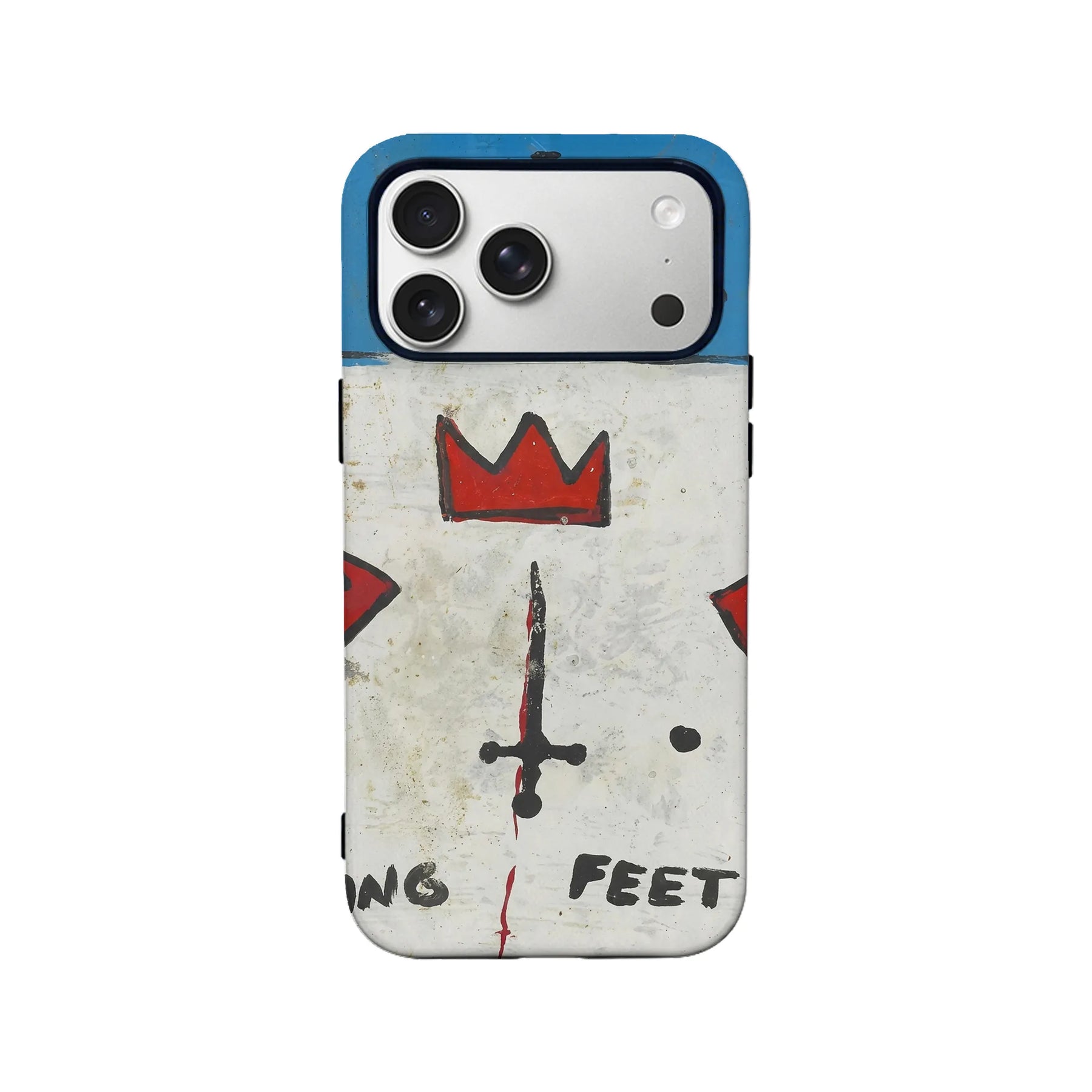 White distressed smartphone case with red crown artwork and blue camera border, rear view