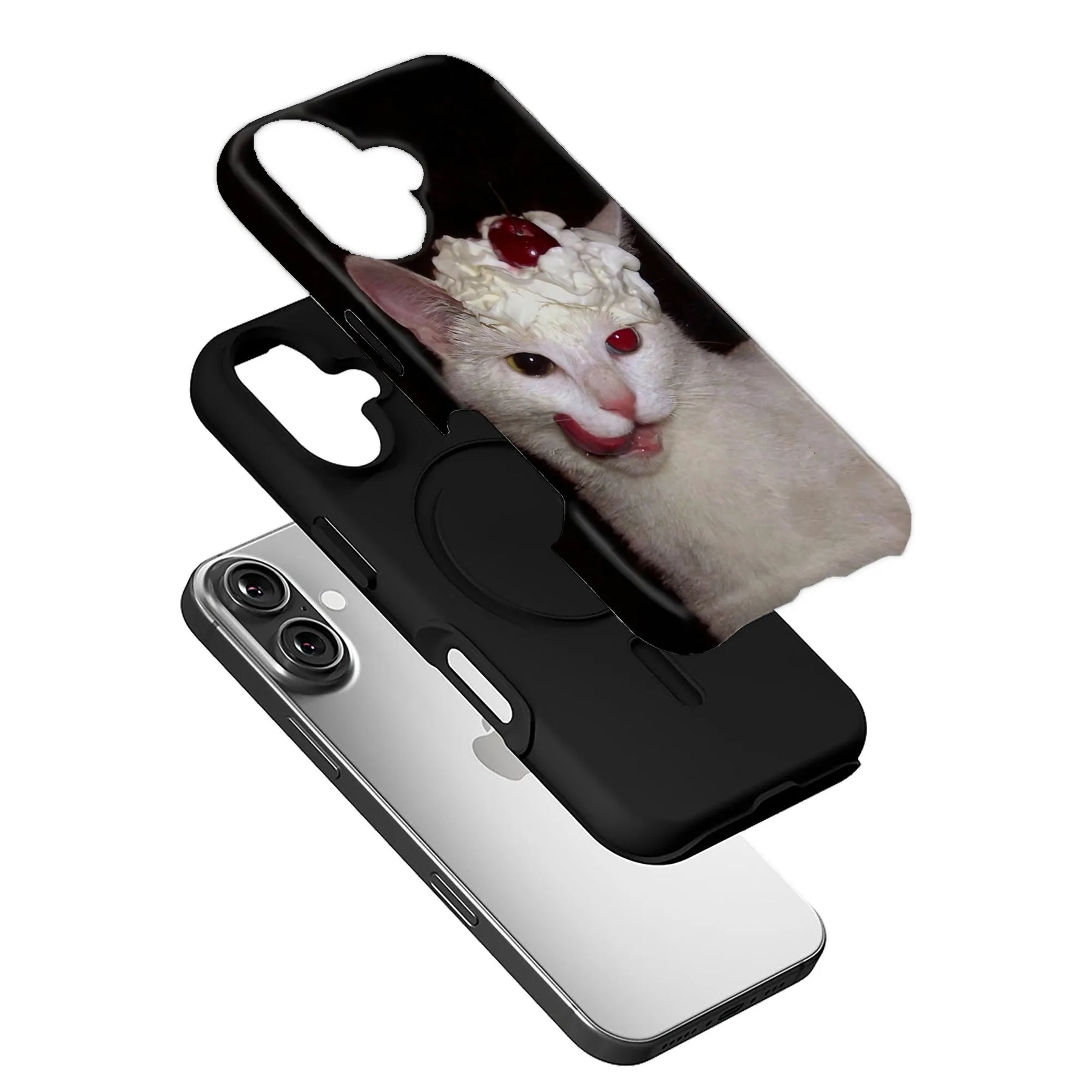 Black slide-cover phone case with white cat dessert print, angled over smartphone