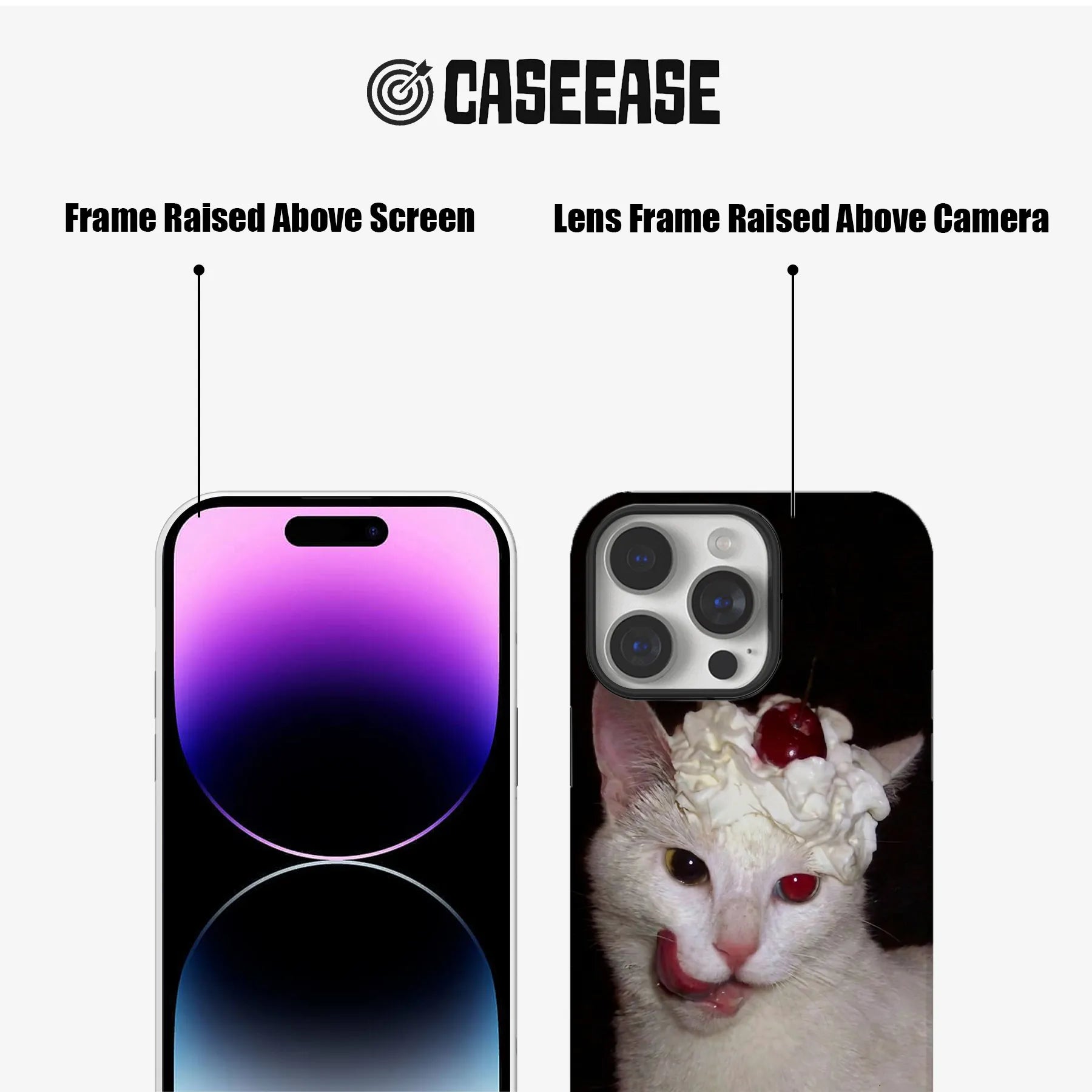 Black CASEEASE phone case front and rear views showing raised screen and camera frames