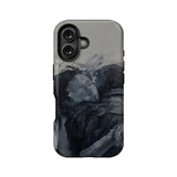 Gray and black abstract brushstroke phone case, rear view with dual camera cutout