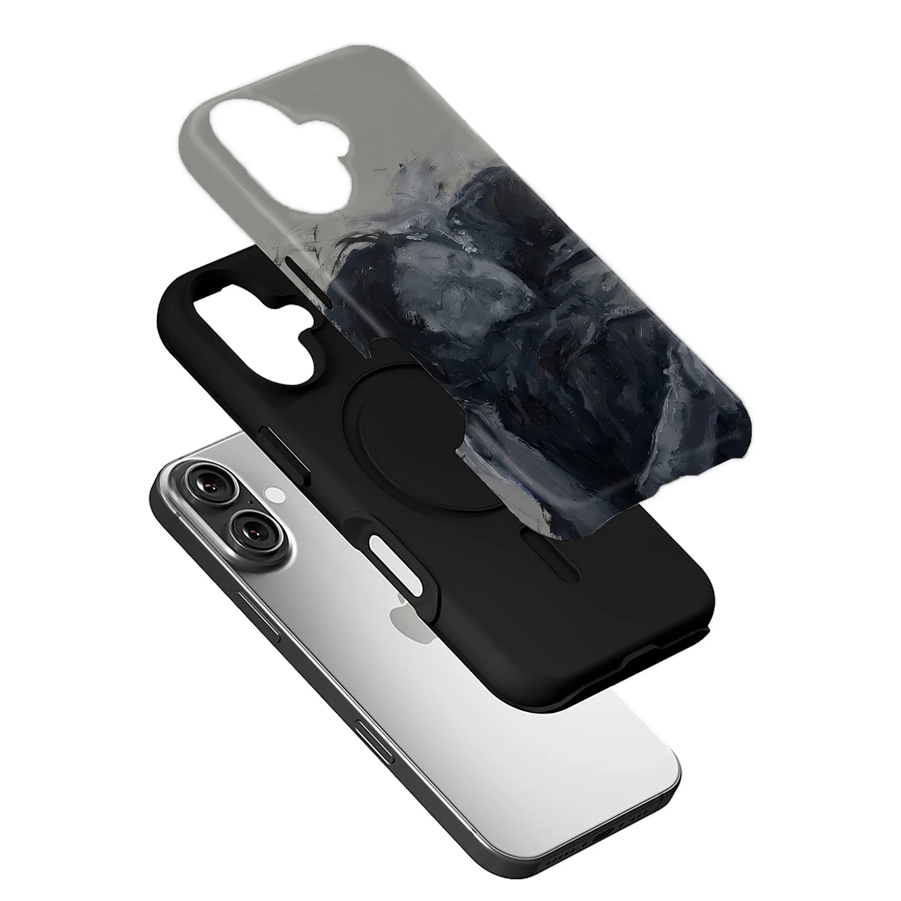 Black and gray marbled phone case, angled exploded over a silver smartphone