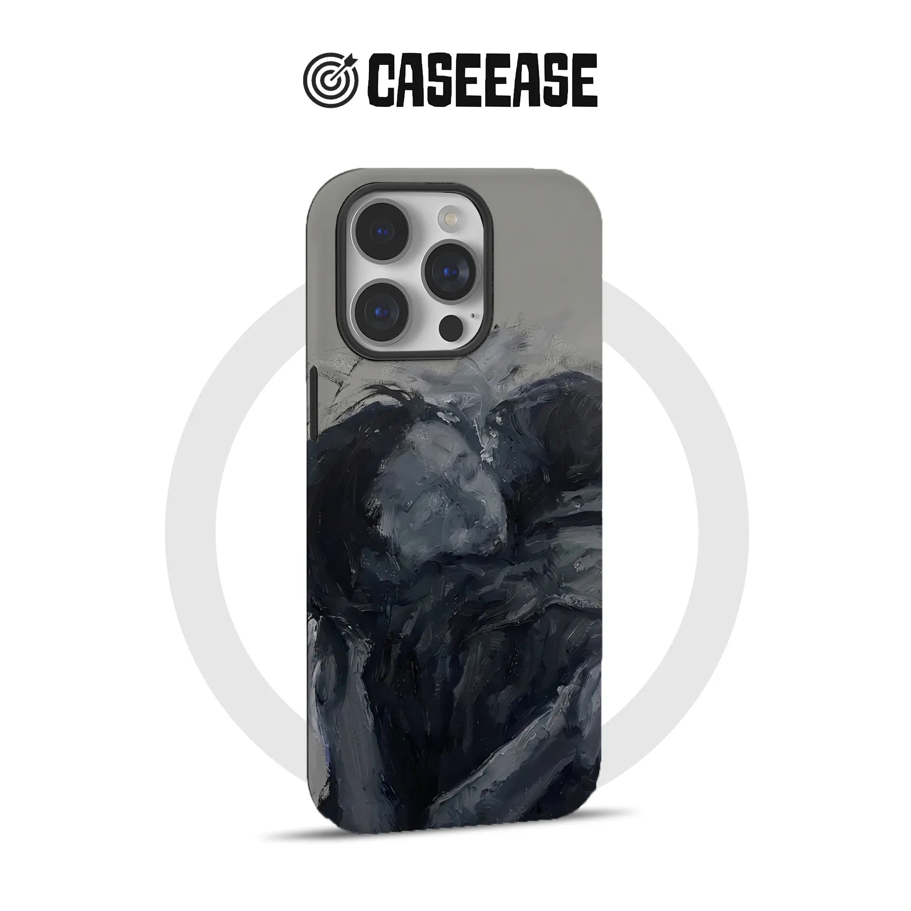 CASEEASE gray iPhone case with dark abstract brushstroke design, rear angle