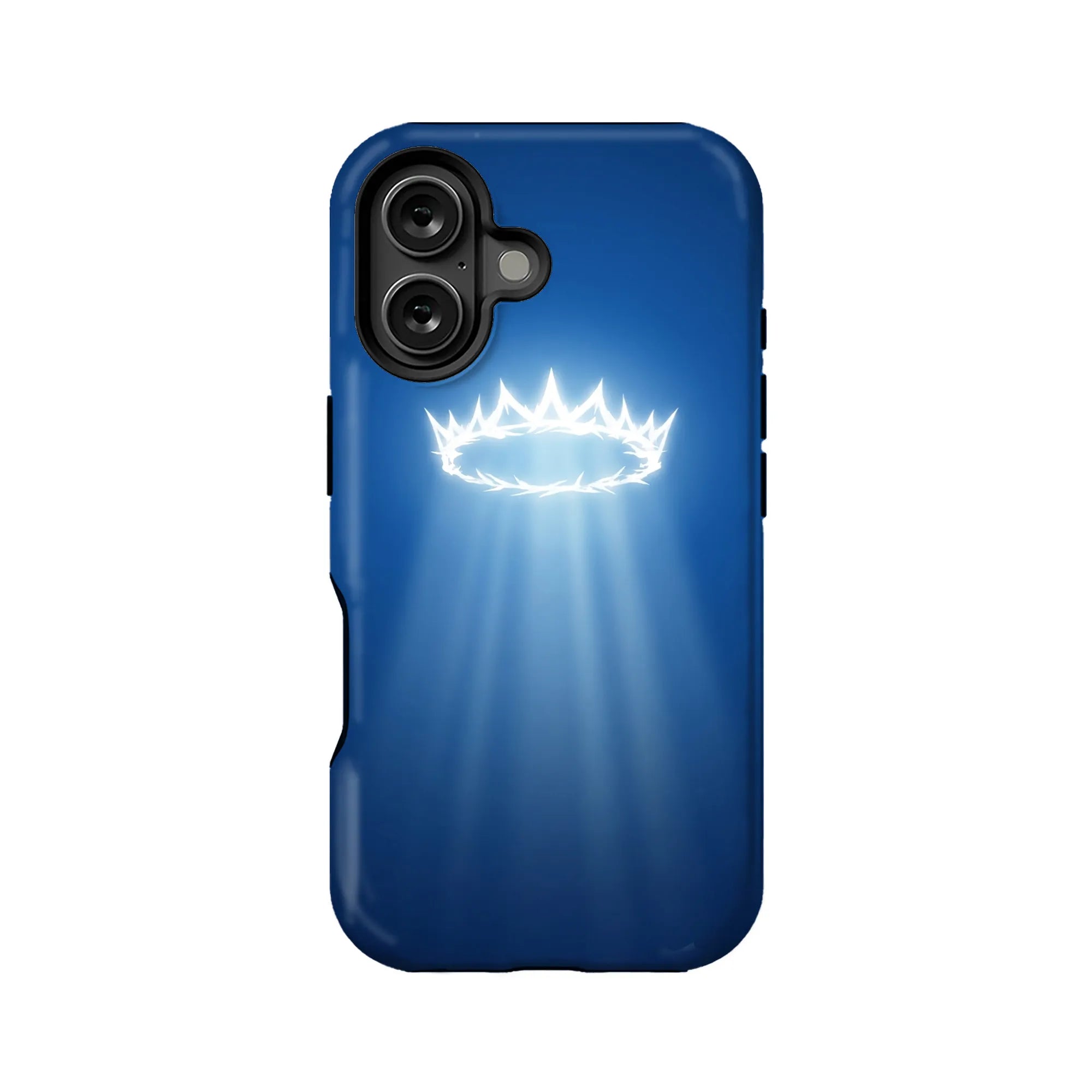 Blue phone case with glowing white thorn crown design, rear product angle