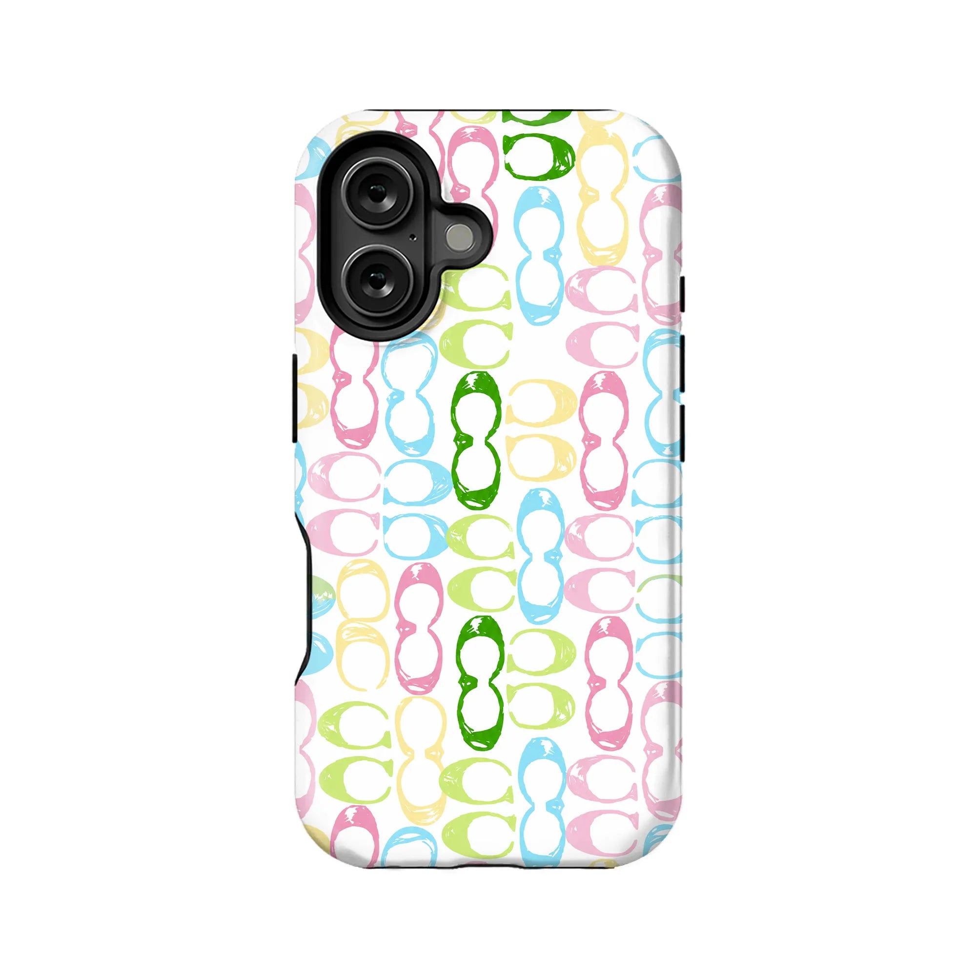 White phone case with colorful eyeglasses pattern, rear view with dual camera cutout