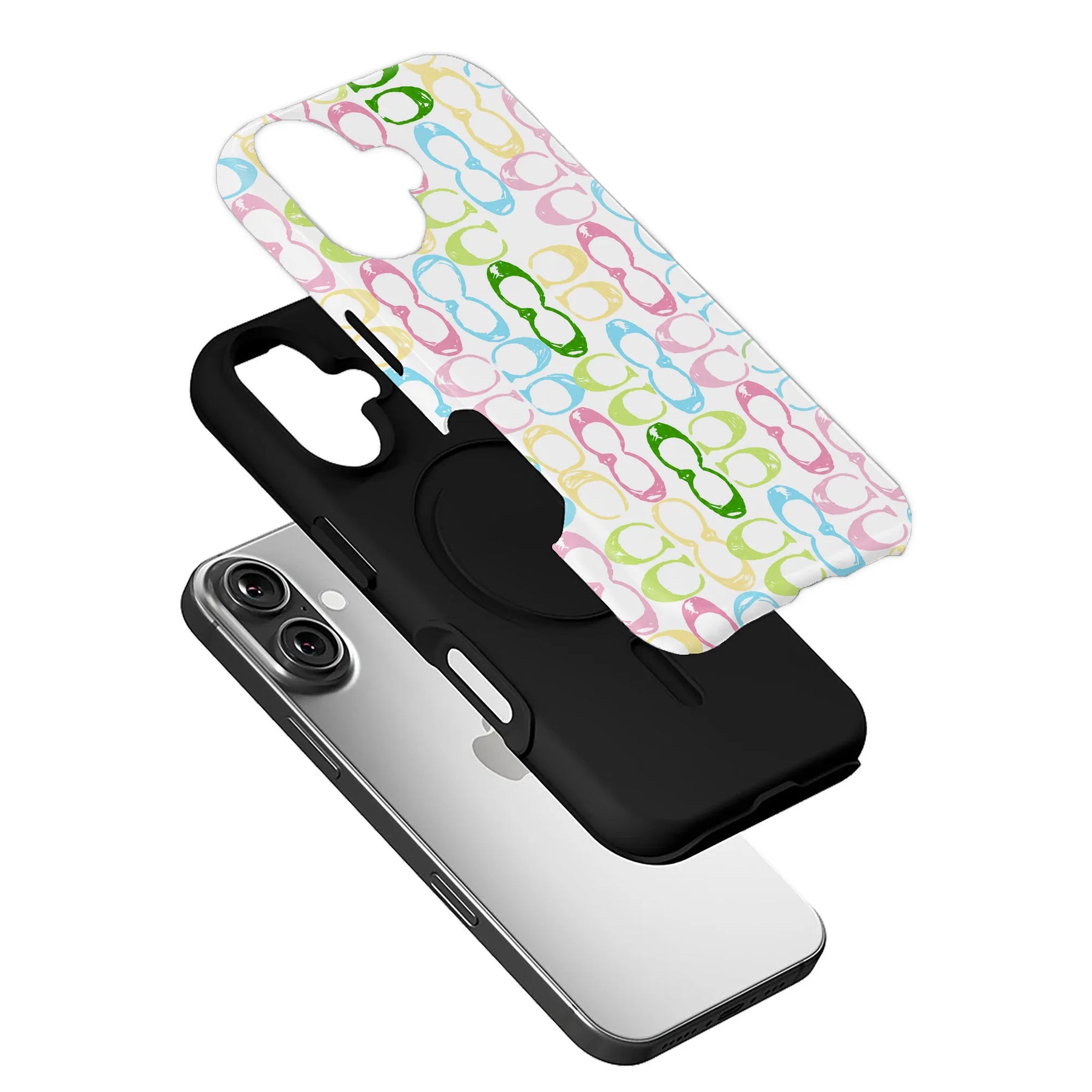 Exploded angled phone case with black base and colorful glasses patterned shell