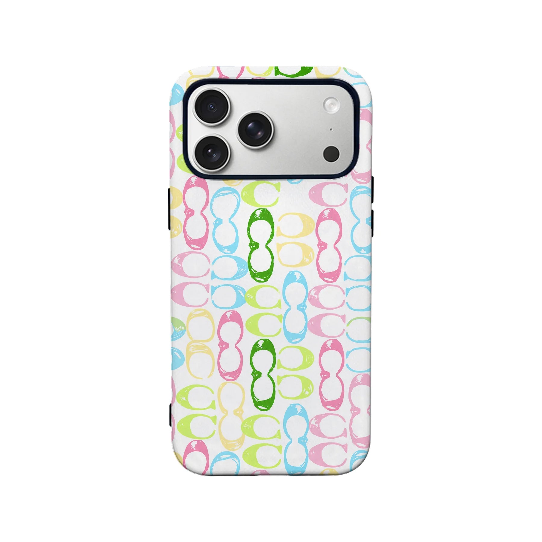White phone case with colorful sunglasses pattern, rear view on smartphone product page