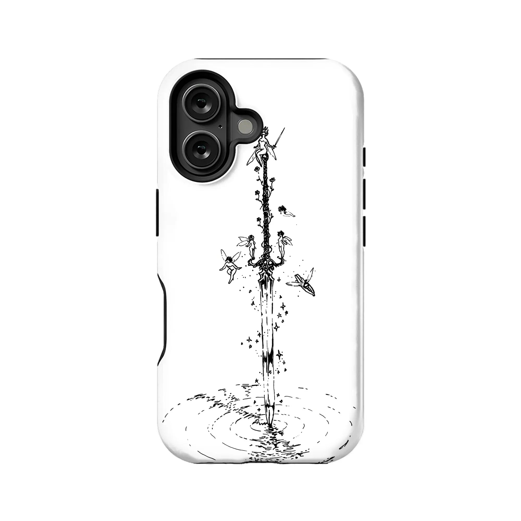 White phone case with black sword and fairy line art, rear angle