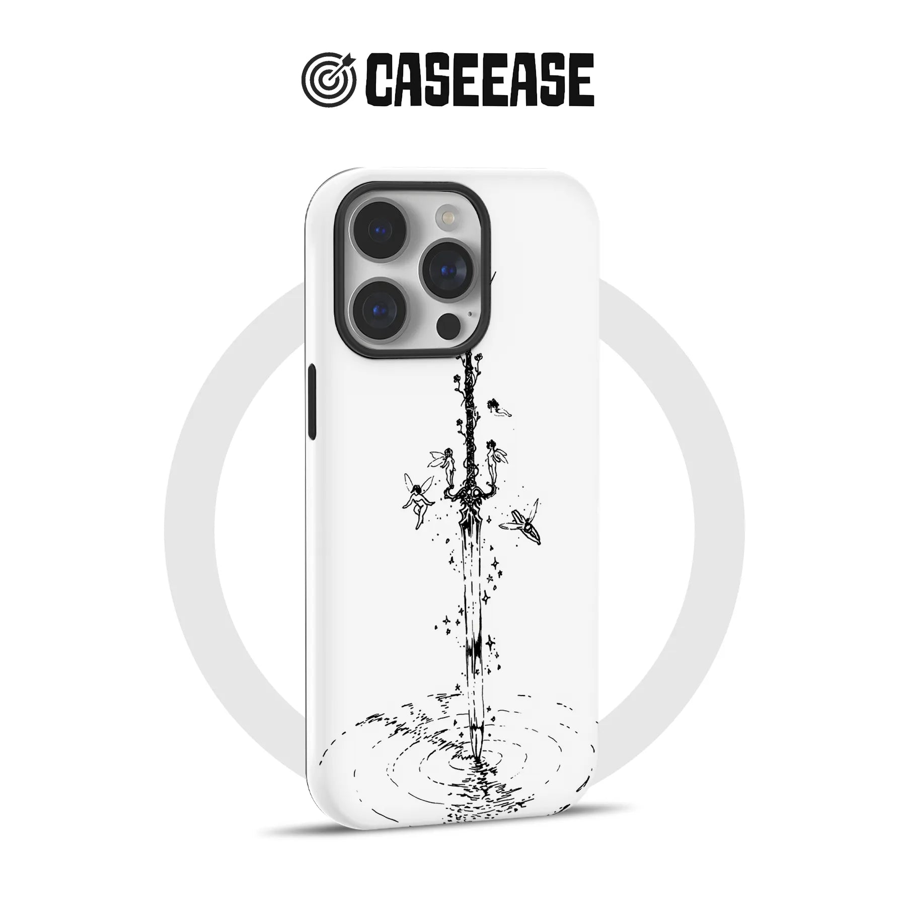 White CASEEASE phone case with black sword and fairy illustration, rear angle