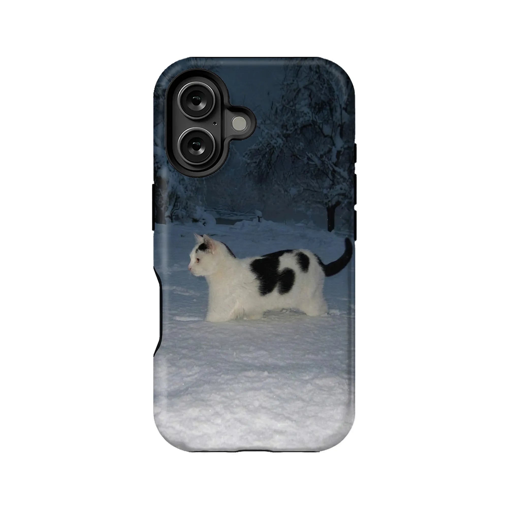 Dark blue phone case with snowy black-and-white cat print, rear product angle