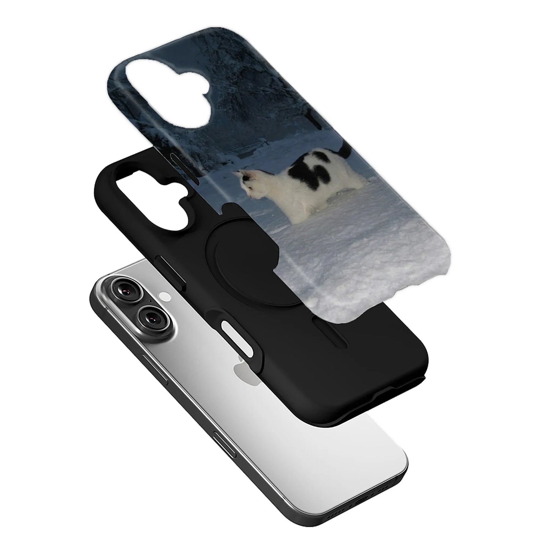 Black phone case with snowy cat design, angled exploded product display