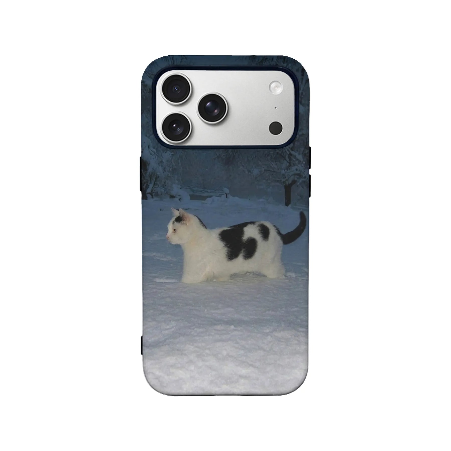Dark blue phone case with snowy black-and-white cat print, shown from back