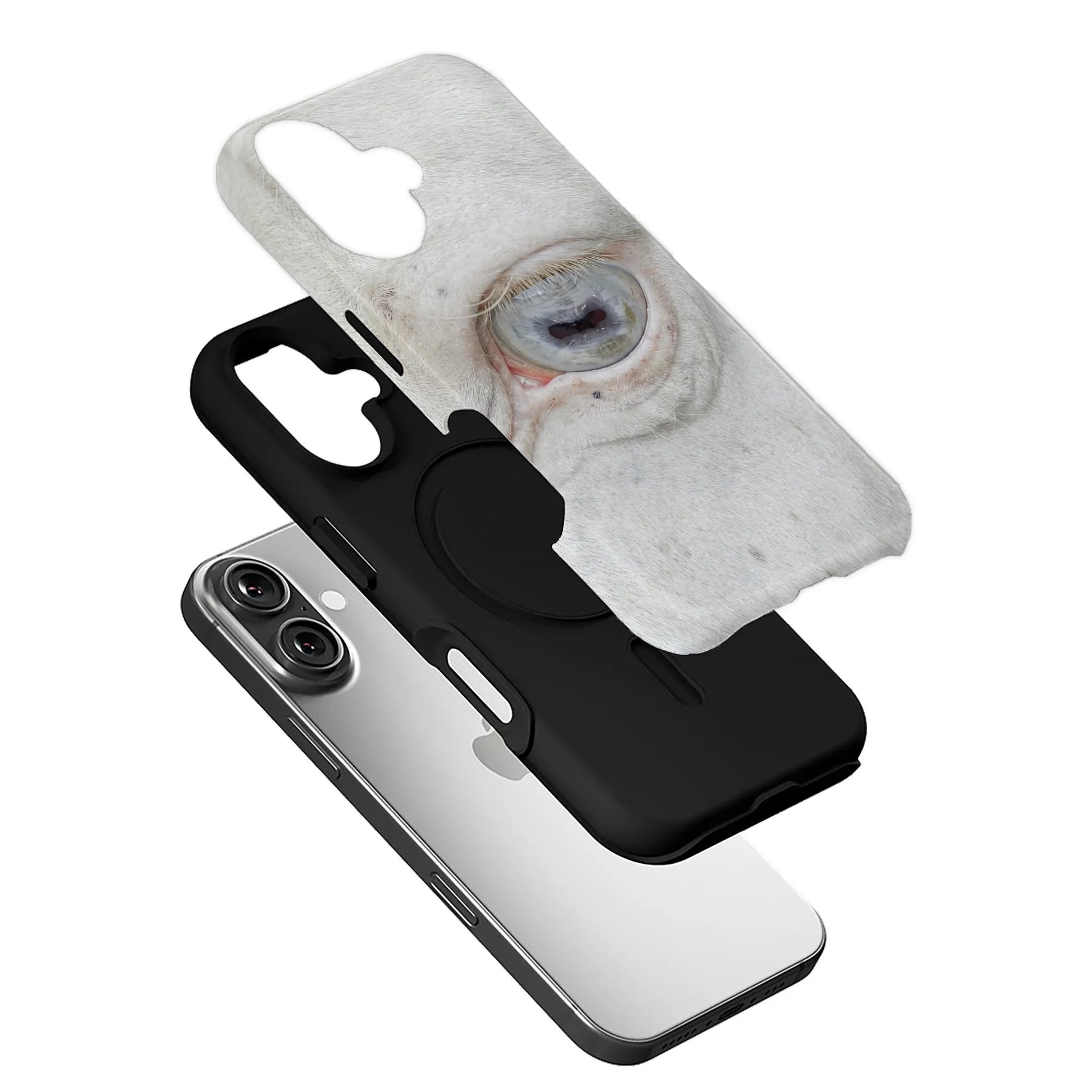 White cow eye print phone case over black case and silver smartphone, angled product display