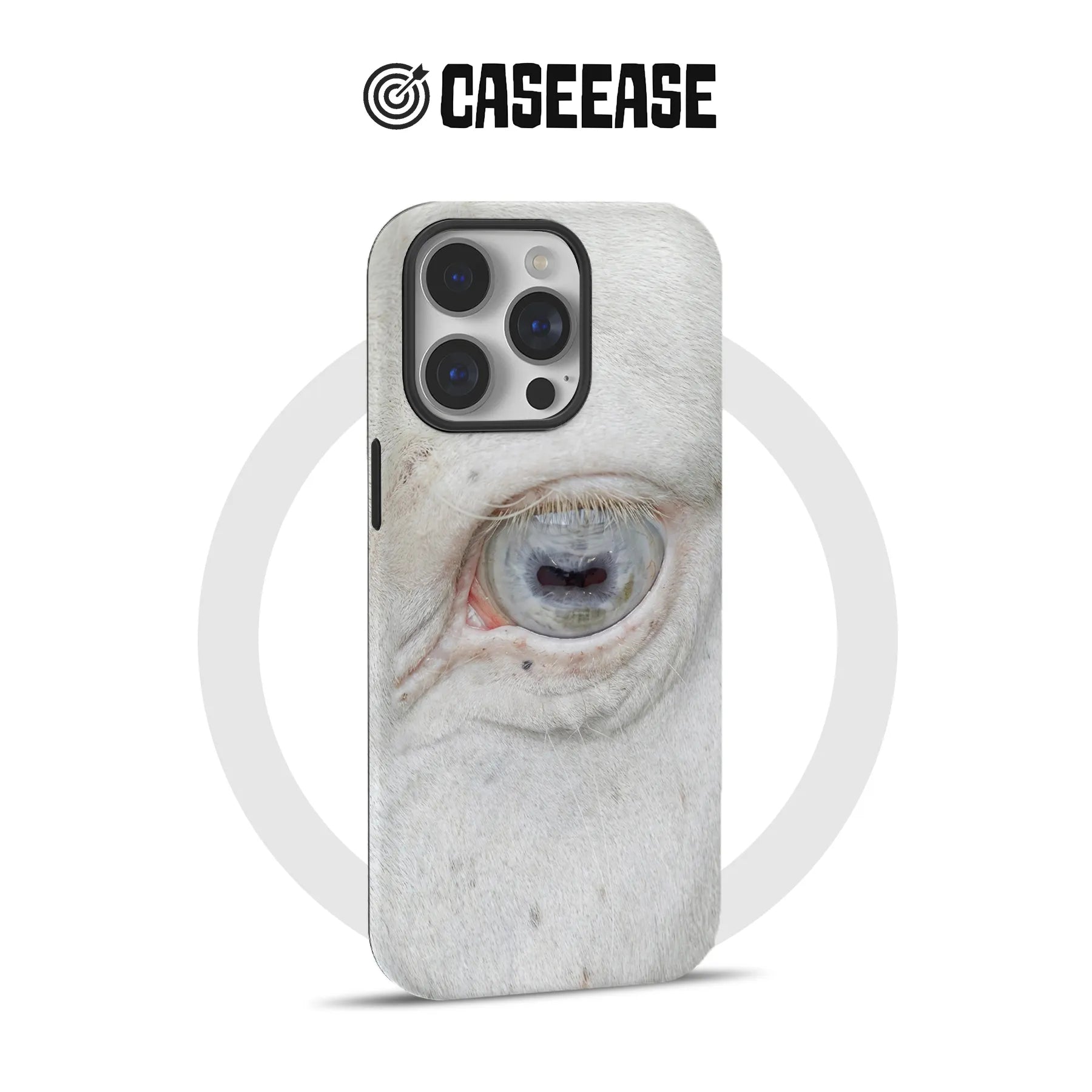 White horse eye print phone case shown from rear angled product view